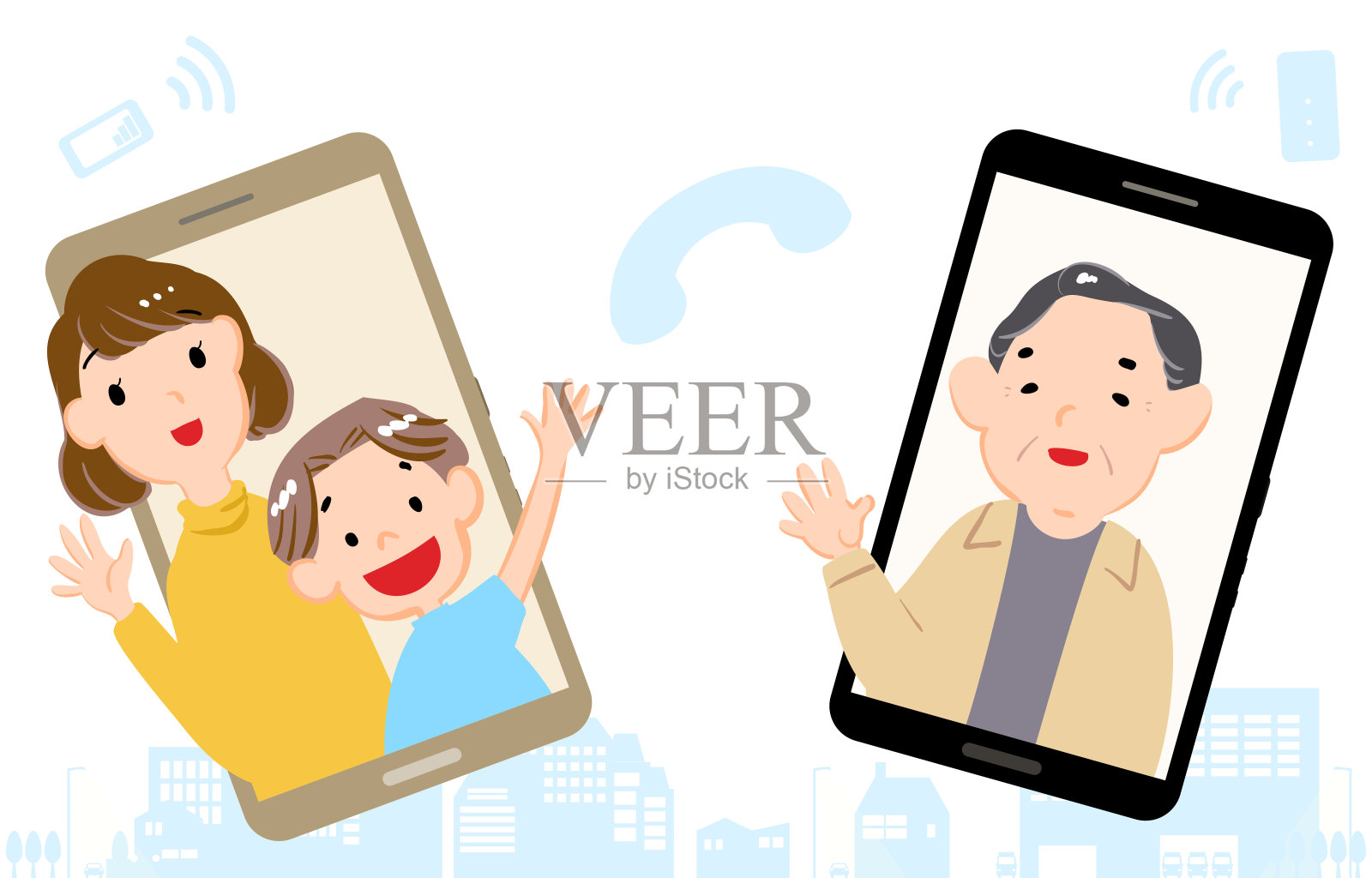 祖父和孙子在智能手机上进行视频通话的插图插画图片素材