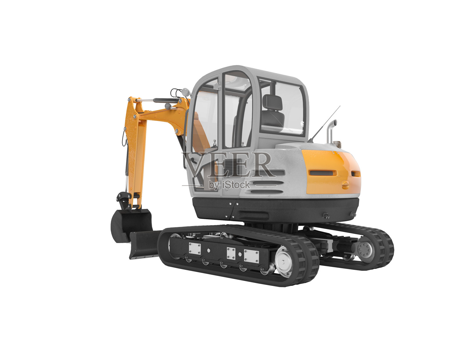 橙色的小型挖掘机与液压履带mehlopatoy桶后视图3d渲染在白色背景上没有阴影照片摄影图片