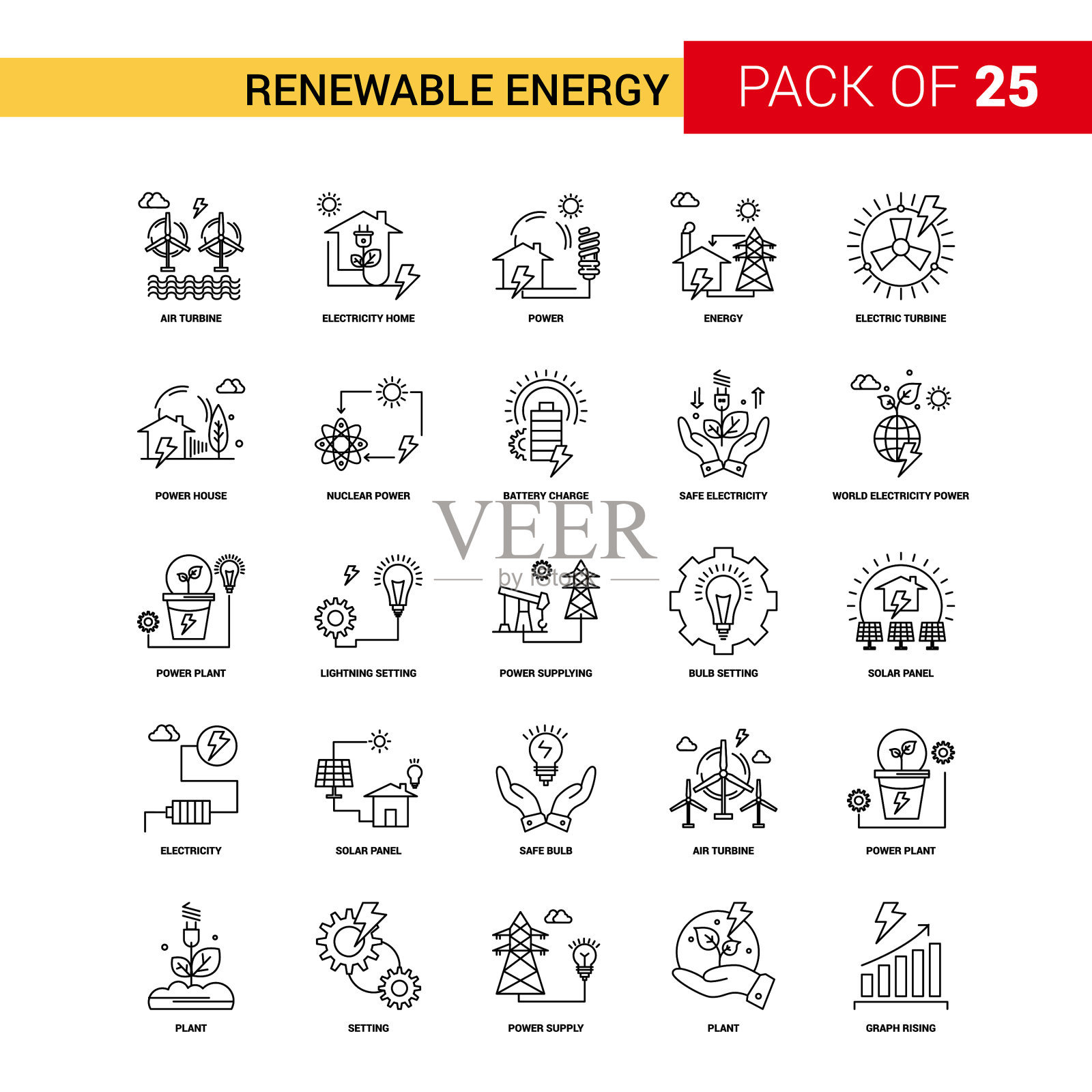 可再生能源黑线图标- 25业务插画图片素材