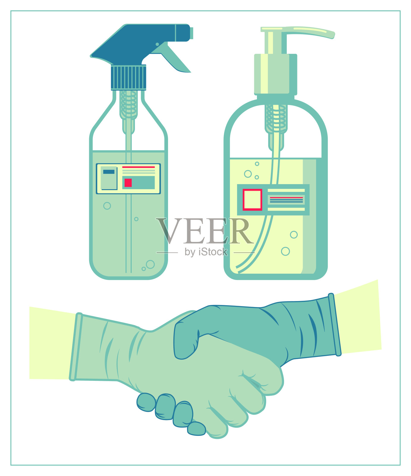 一套矢量平面插图与握手在手套和消毒剂凝胶。为您的网站设计，标志，应用程序，UI插画图片素材
