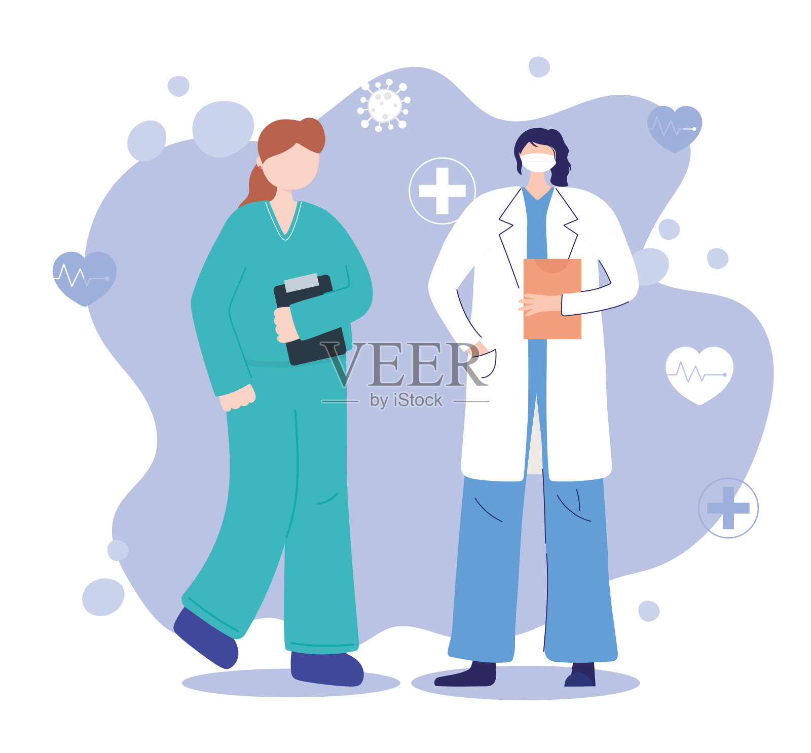 谢谢医生、护士、女医生和戴防护口罩的护士插画图片素材