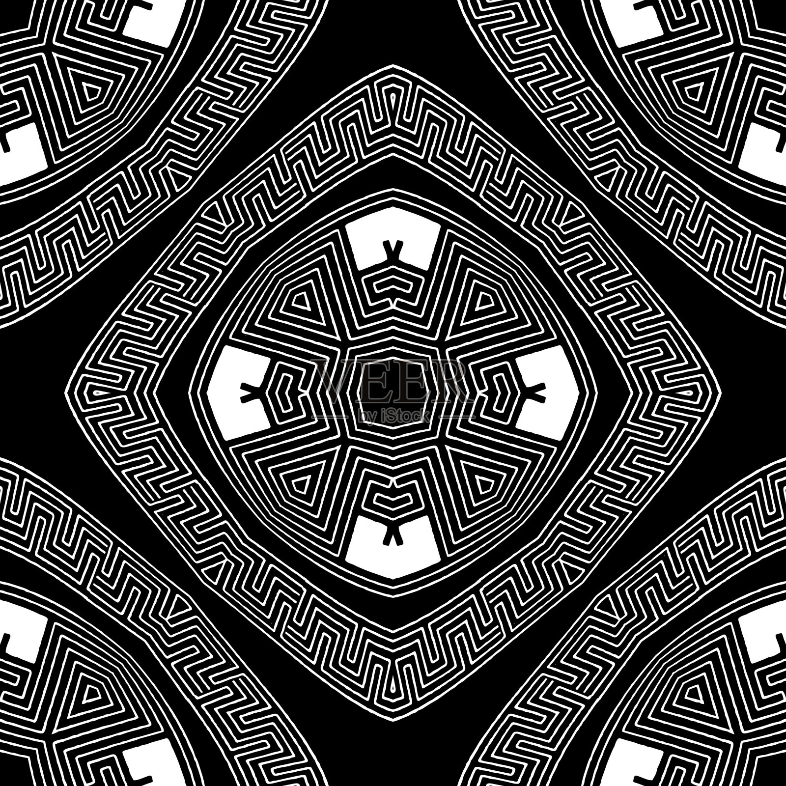 部落黑白几何希腊风格矢量无缝图案。装饰几何民族背景。单色抽象优雅的背景。几何现代华丽的希腊键曲流装饰插画图片素材