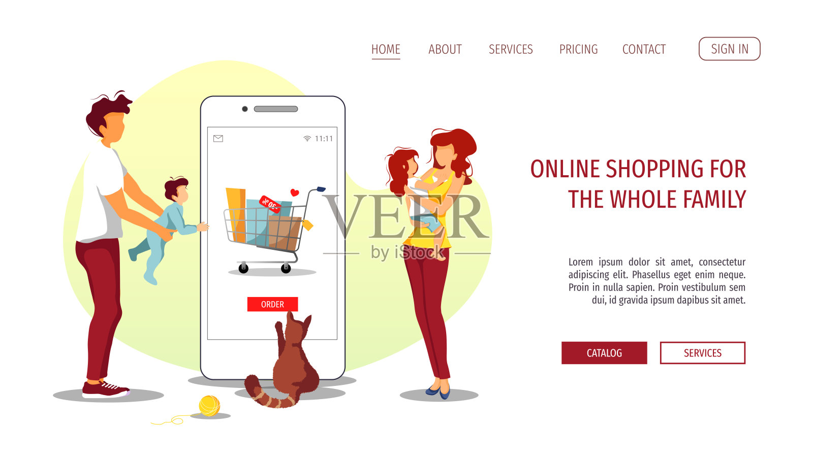网站设计模板家庭商店，网上购物，送货上门。年轻的家庭和智能手机上的购物车在屏幕上。设计模板素材