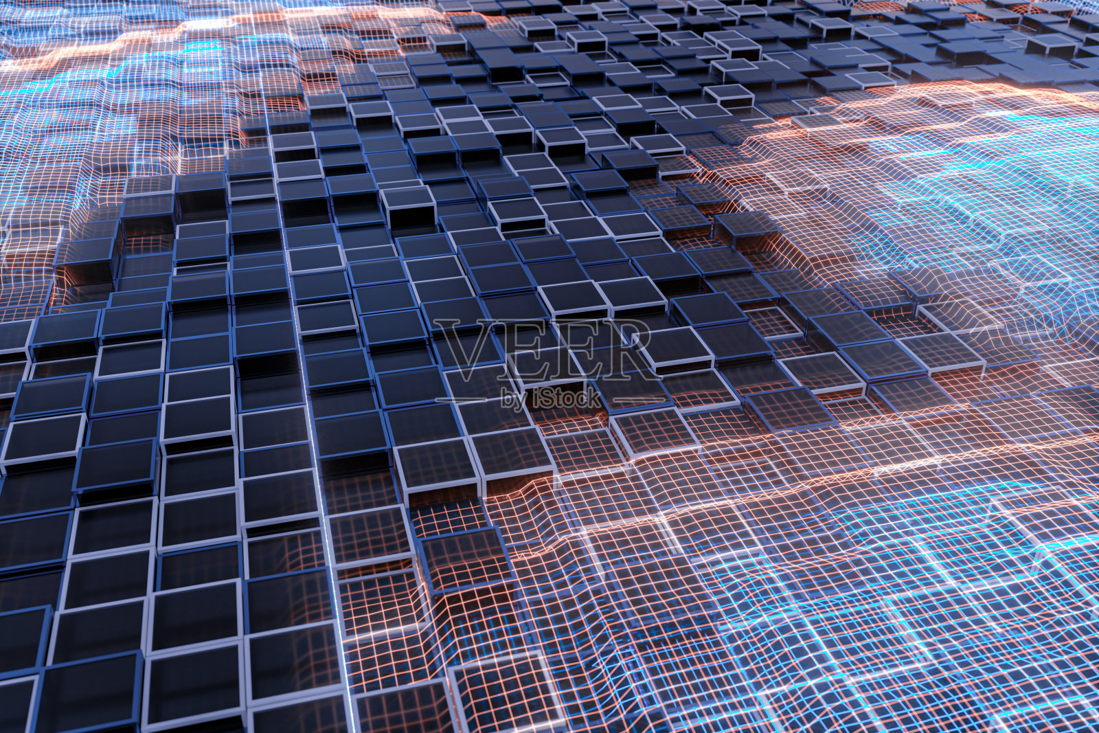 发光立方体块，玻璃材料，3d渲染。照片摄影图片