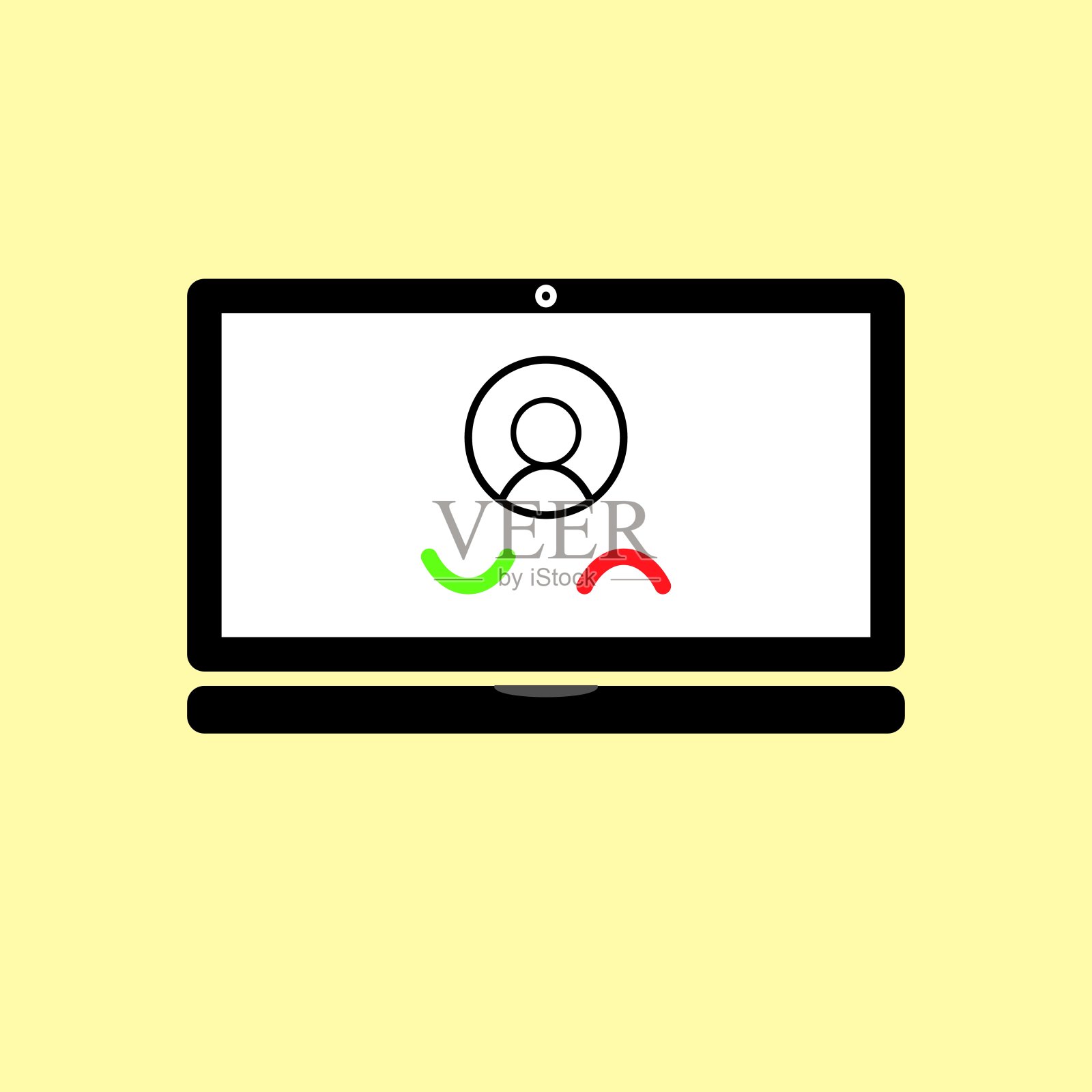 一个笔记本电脑的特写，黄色背景上的视频通话。设计元素图片