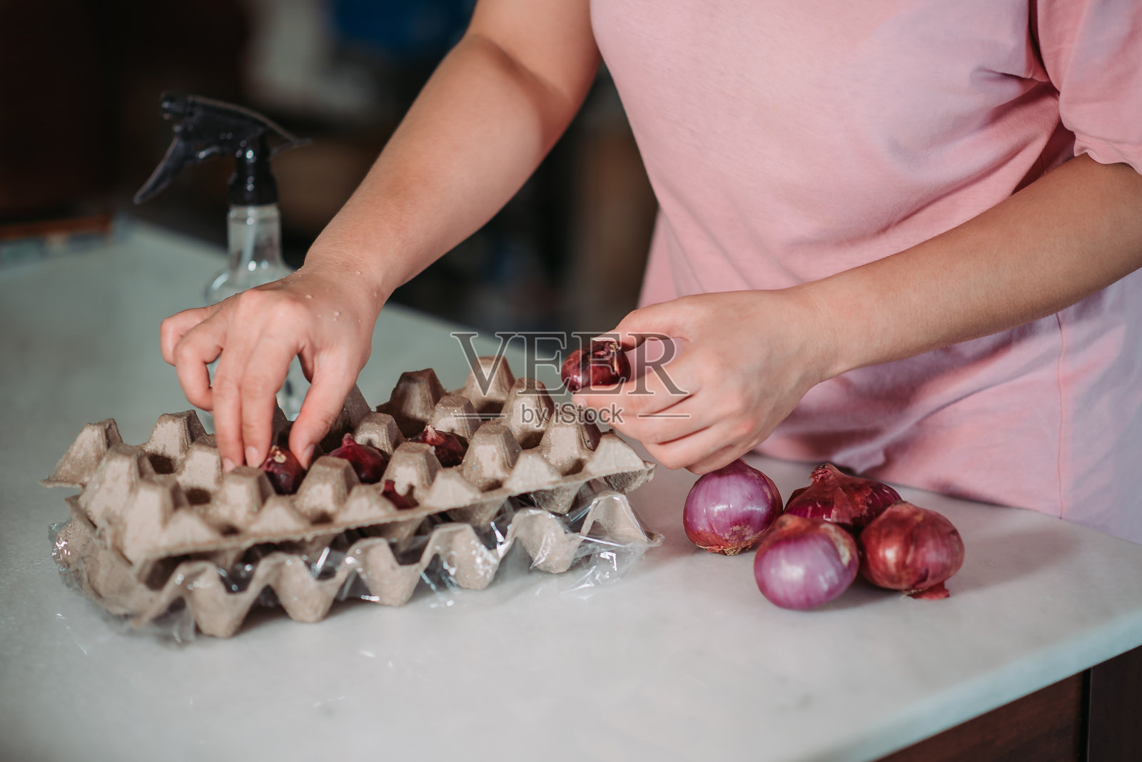 在家里把洋葱放在鸡蛋盒里的手的特写照片摄影图片