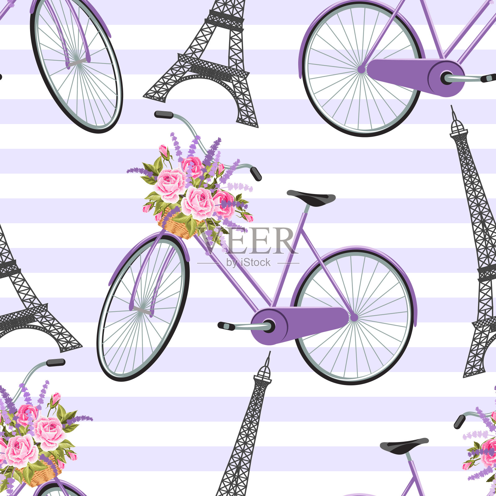 图案与埃菲尔铁塔、自行车、花篮无缝搭配插画图片素材