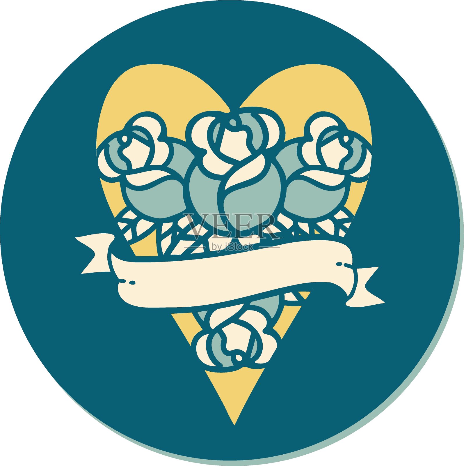 纹身风格贴纸的心和旗帜与鲜花插画图片素材