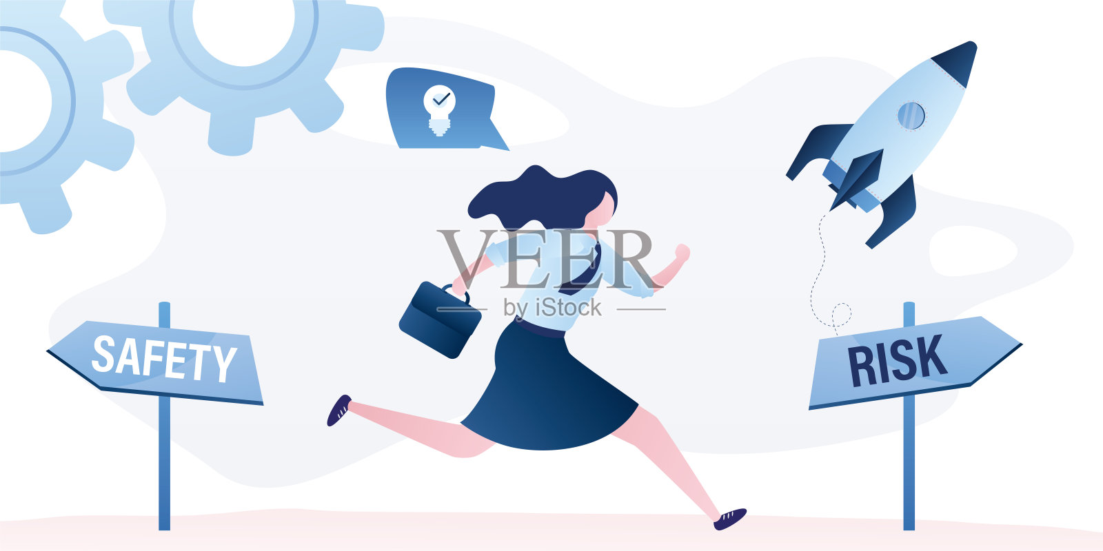 女商人在十字路口和几个方向之间奔跑。安全和风险箭头。插画图片素材
