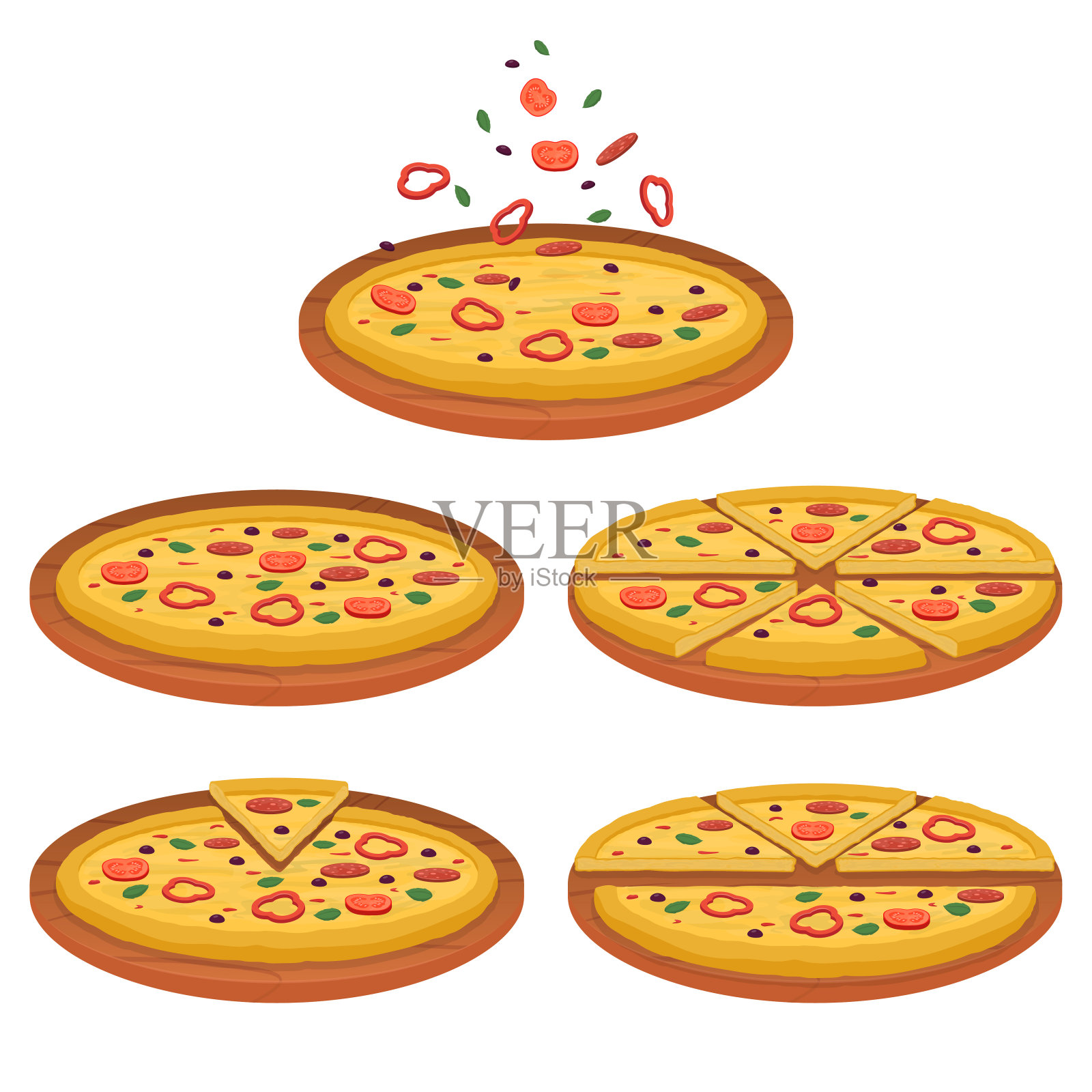 一套美味的披萨插图，披萨切成片。设计元素图片