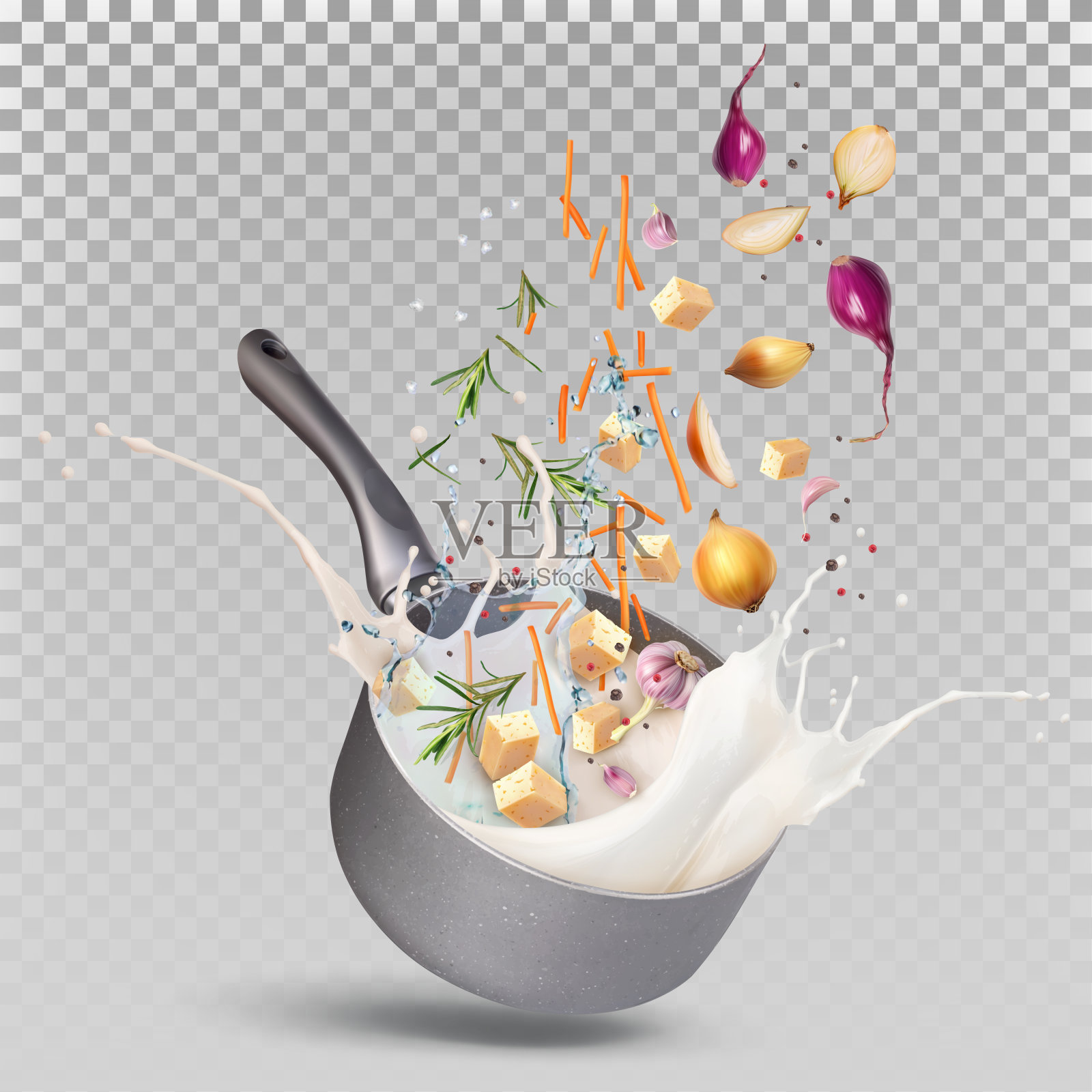 在炖锅中准备牛奶酱。炖锅里撒上一点水、奶油，牛奶和洋葱一起落下插画图片素材