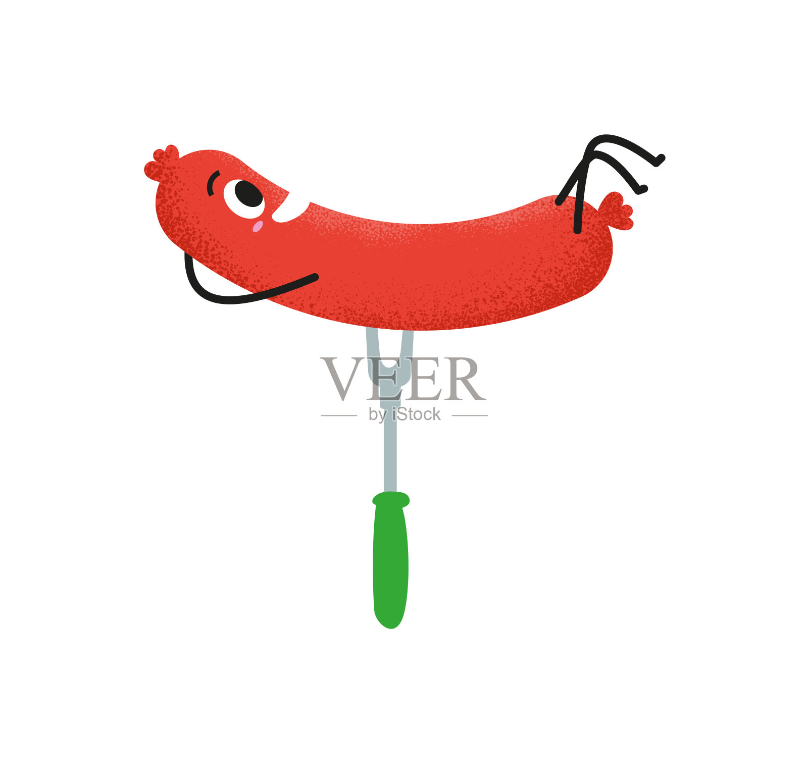 快乐烤香肠叉孤立在白色背景。可爱的烤香肠，作为派对邀请函。矢量插图在平面设计。烧烤聚会图标。插画图片素材