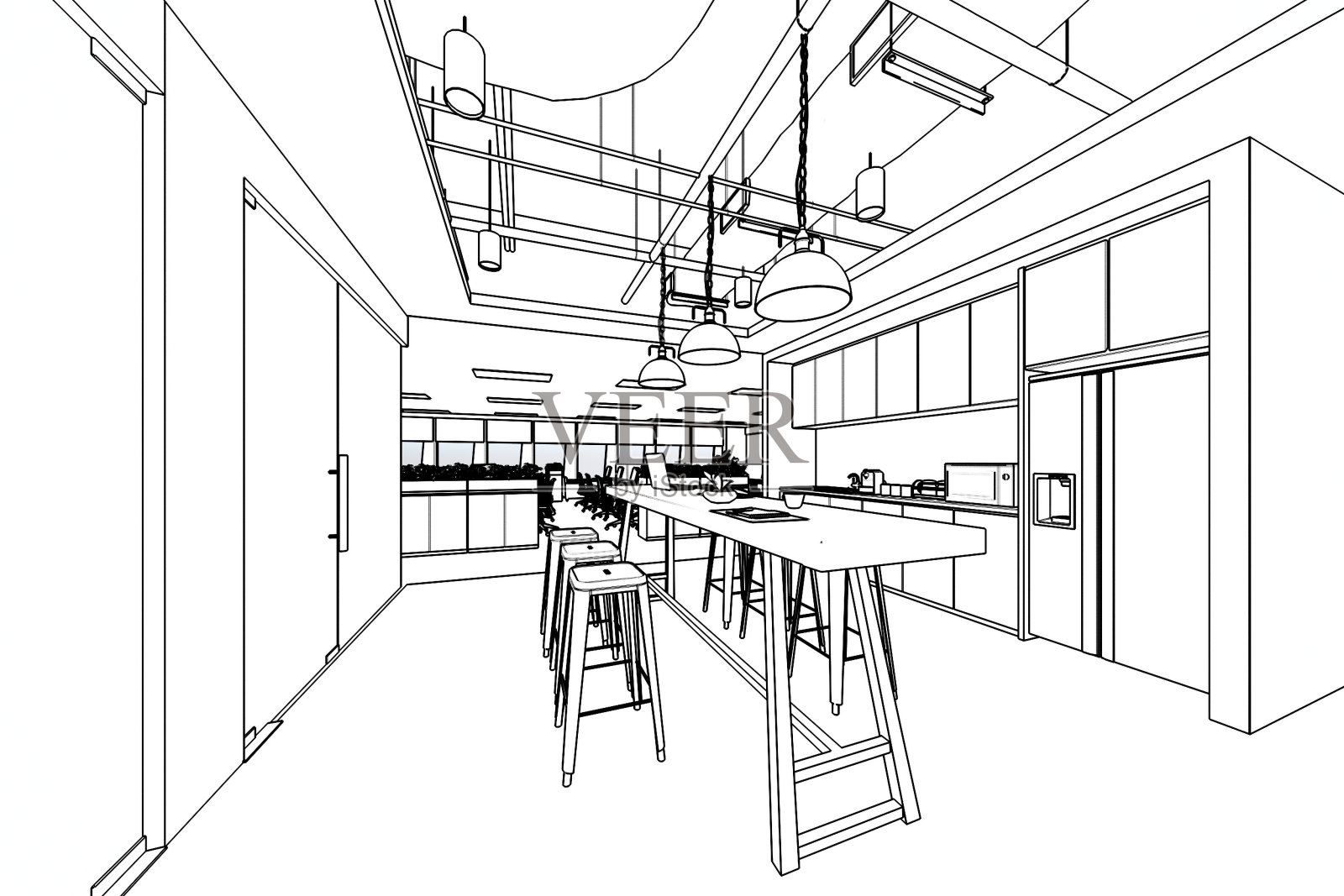 室内轮廓草图透视空间办公室插画图片素材