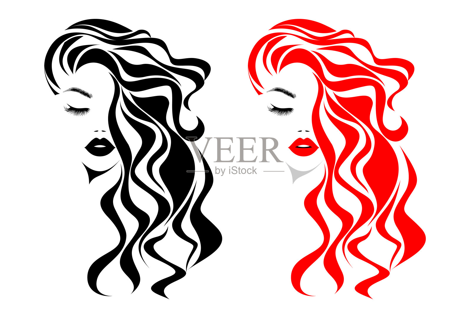 美丽性感女人的脸庞，红唇，卷曲的黑红头发造型，时尚发型师，元素设计，水疗沙龙。美丽的标志。矢量插图。孤立在白色的。插画图片素材