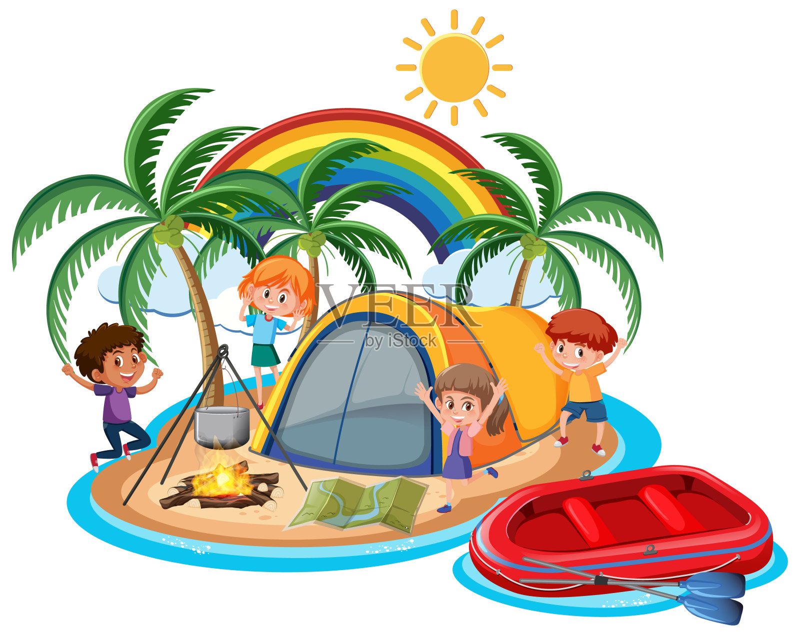 许多孩子在岛上露营的场景插画图片素材