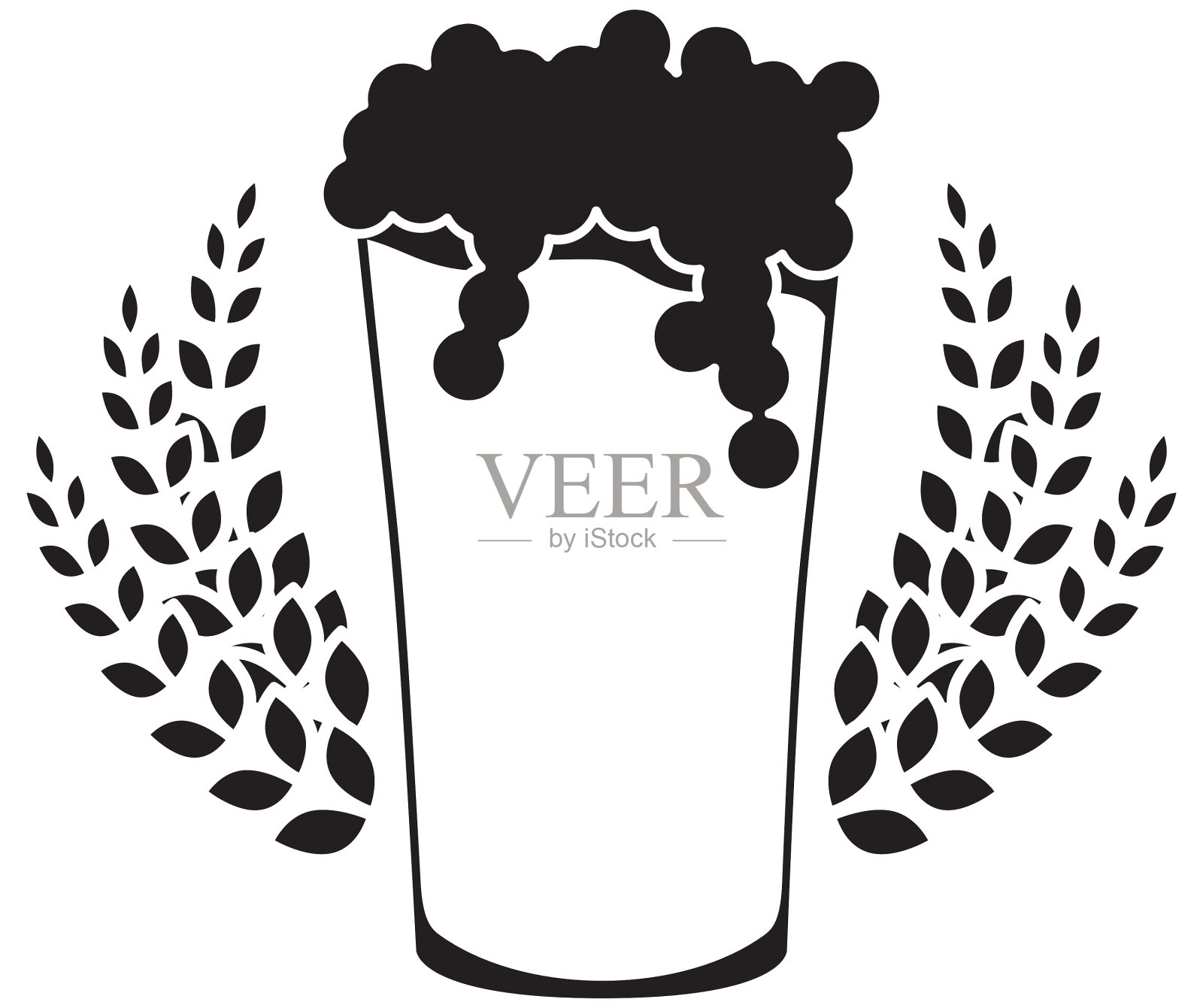 黑啤酒杯与树枝小麦的形象插画图片素材