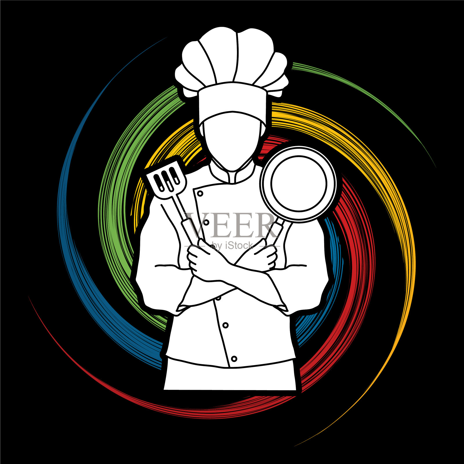 厨师双手交叉站着，拿着锅铲插画图片素材