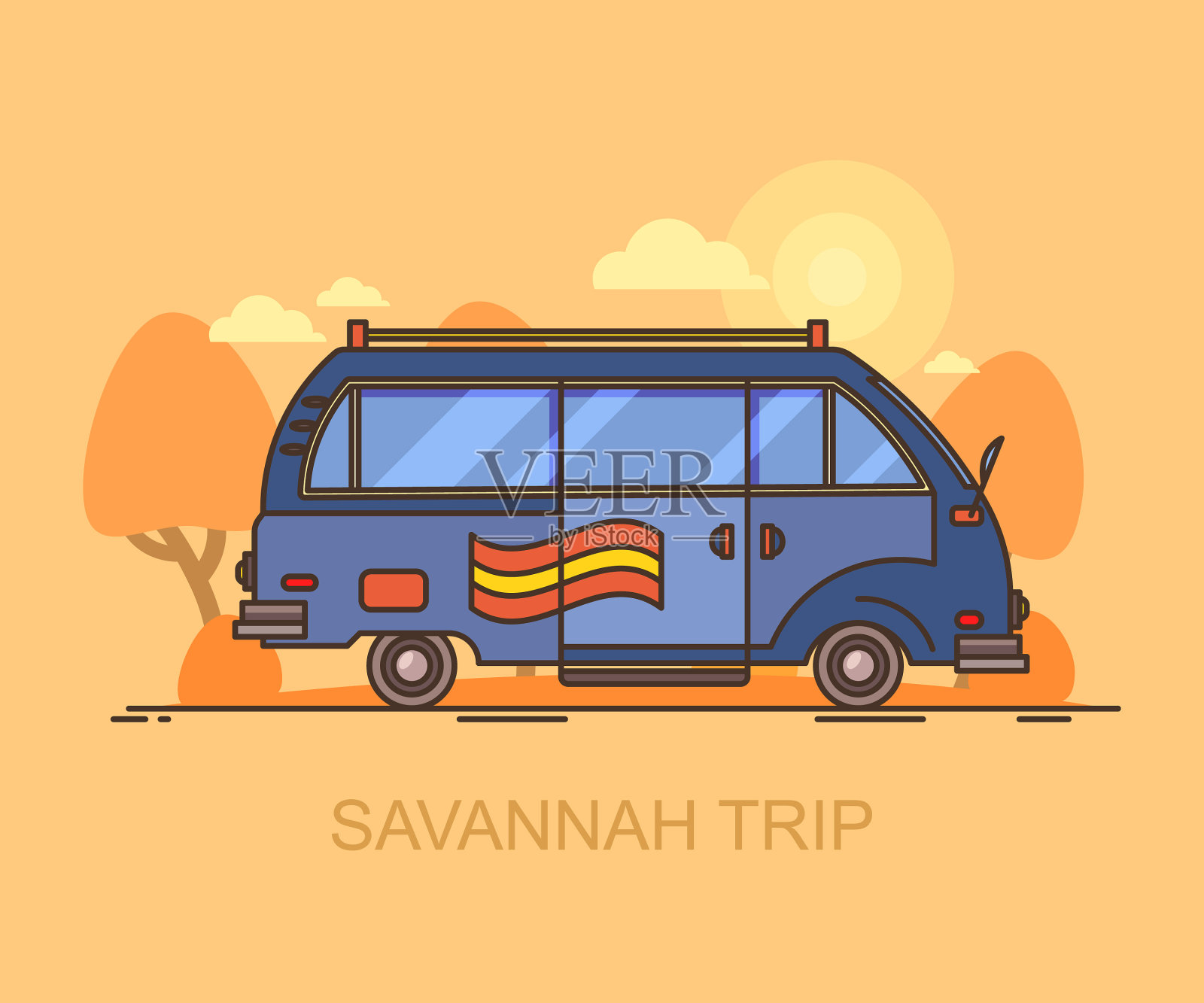 汽车或小型货车通过热带草原游猎插画图片素材