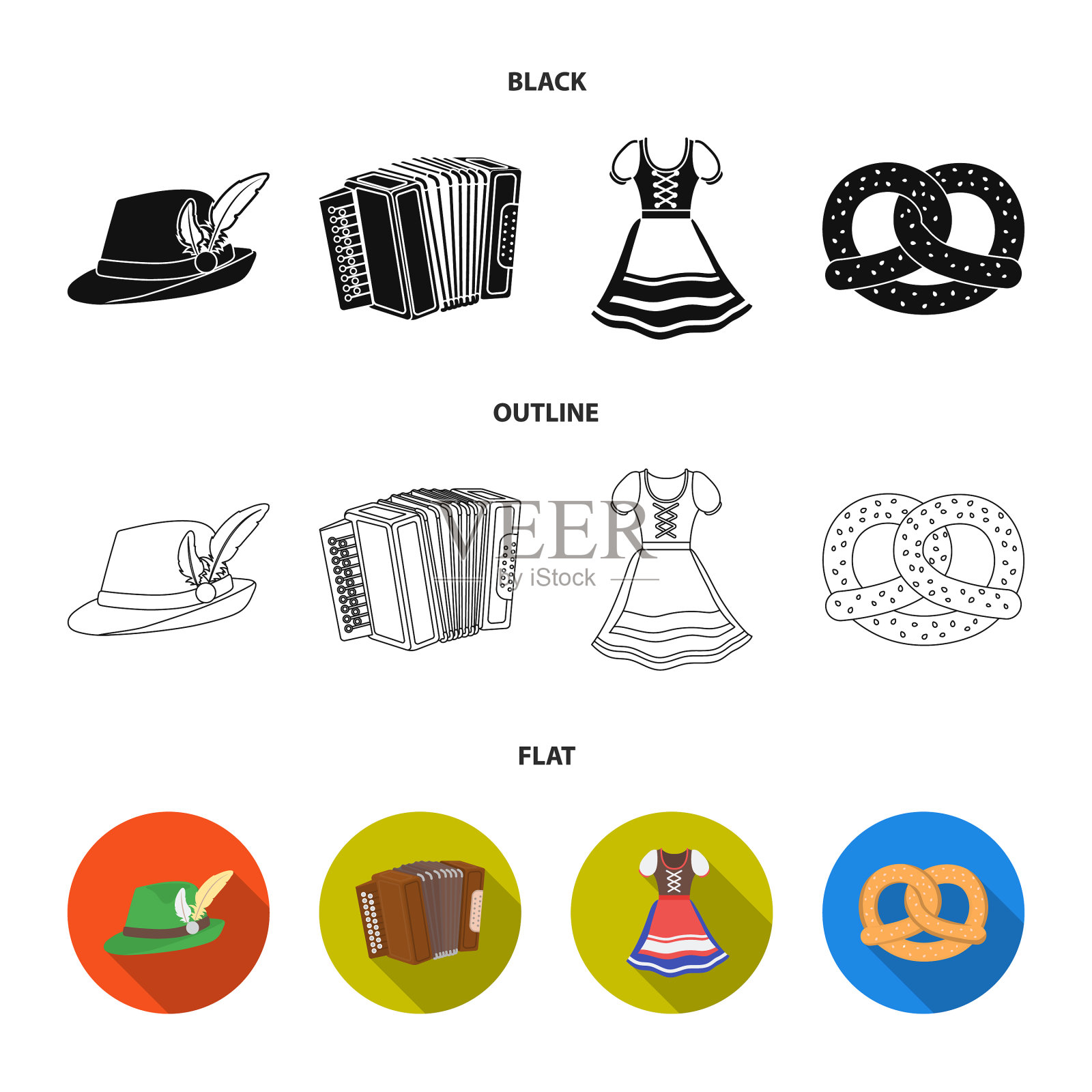 提洛尔帽手风琴裙椒盐卷饼插画图片素材