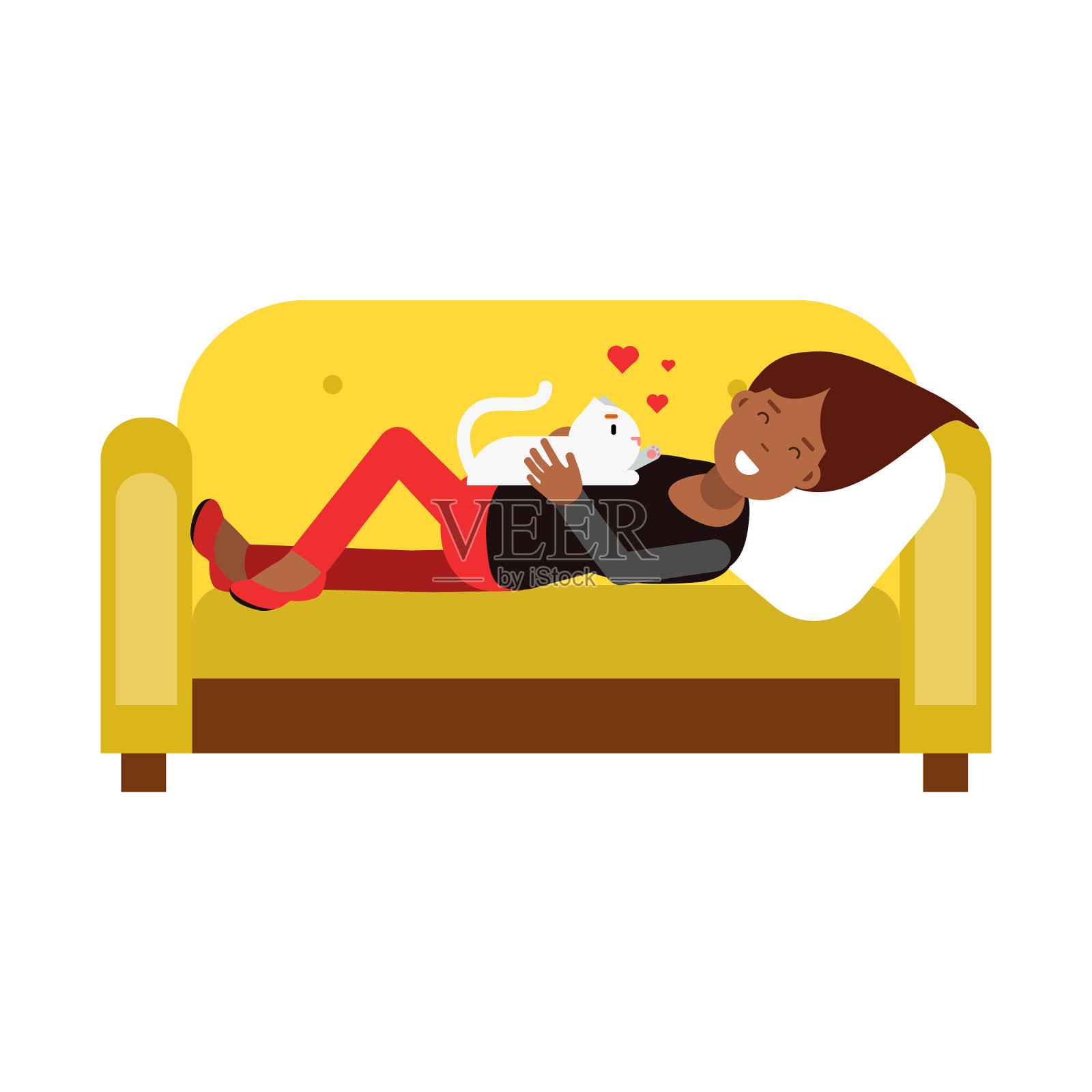 年轻女子躺在黄色的沙发上拥抱着插画图片素材