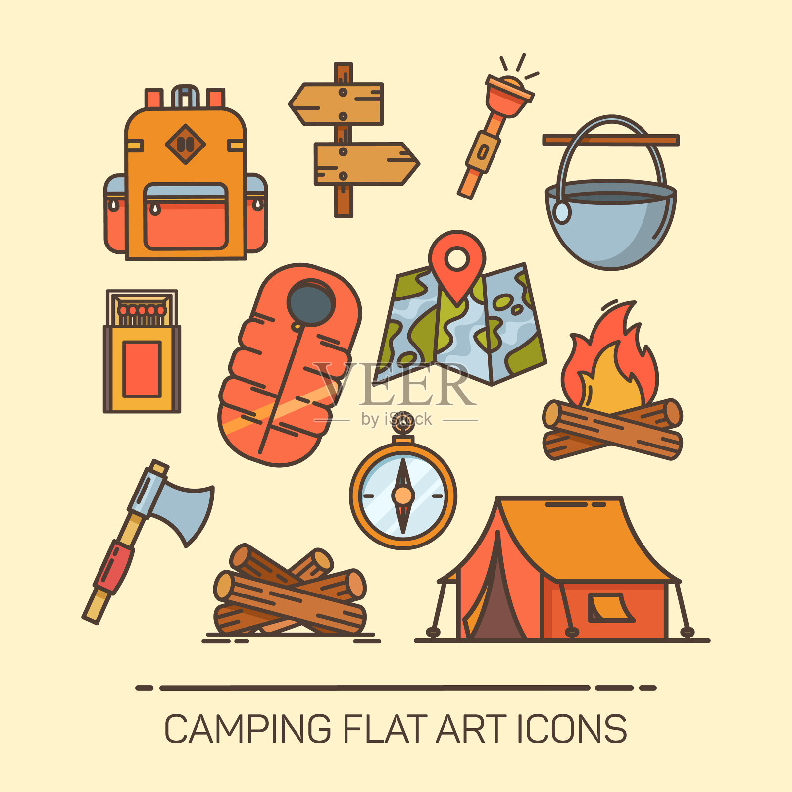 夏季露营帐篷指南针救生衣图标图标素材