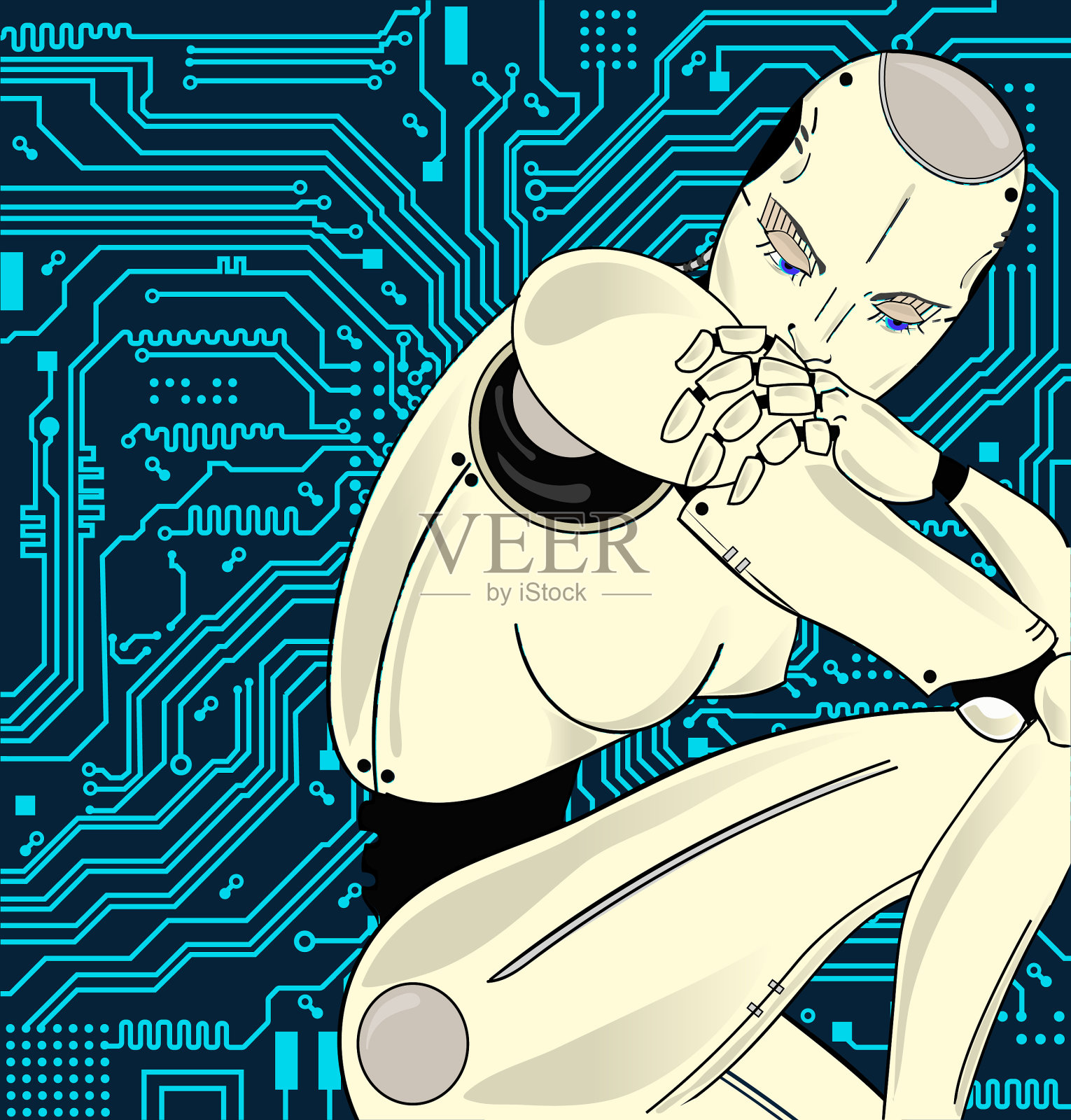 拥有人工智能的女性机器人坐着插画图片素材