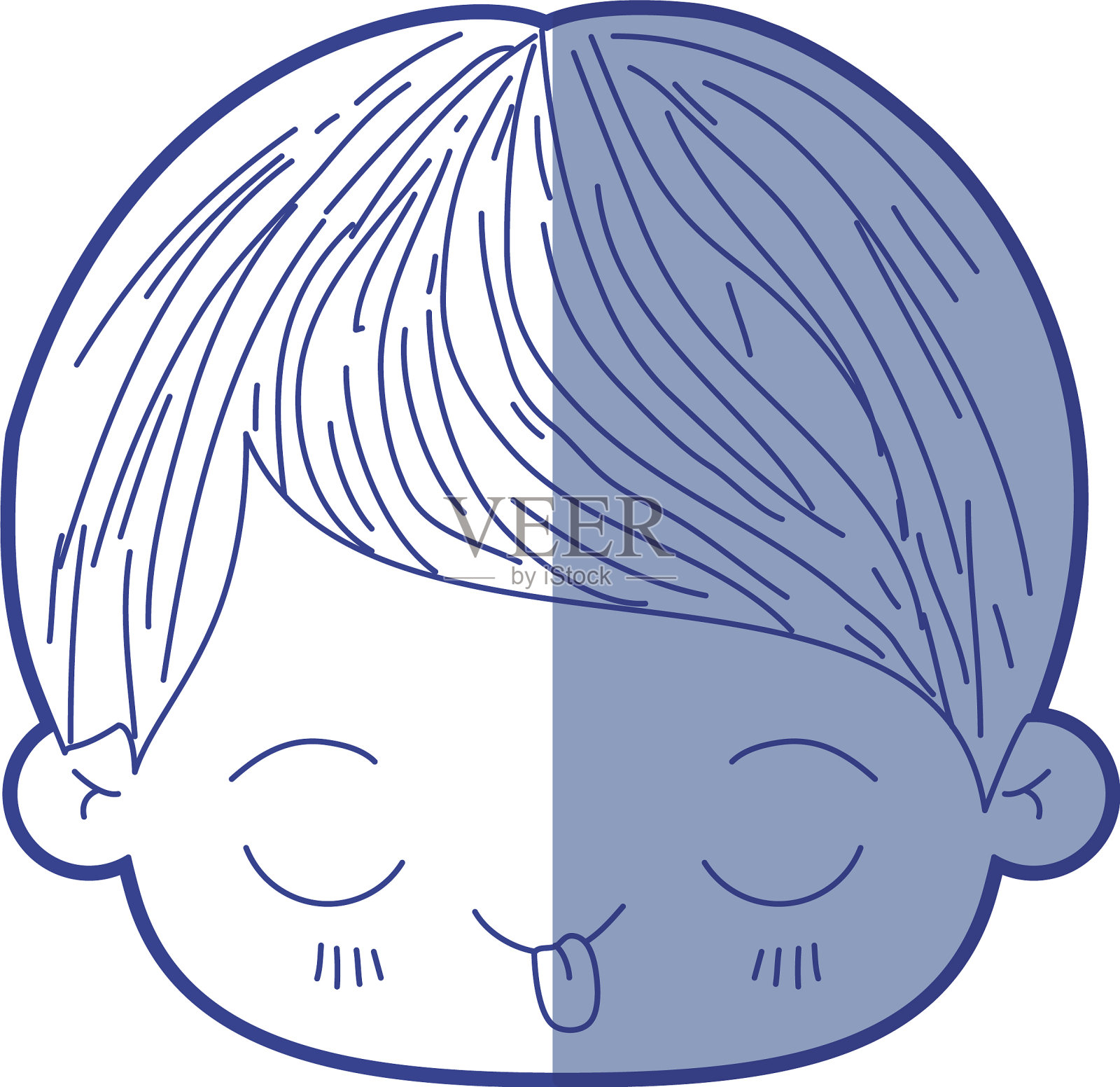 蓝色阴影剪影卡哇伊头的小插画图片素材