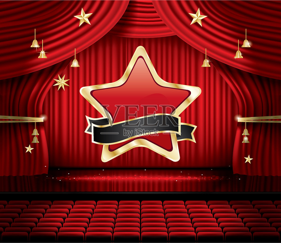 红色舞台窗帘，明星座位和复印空间插画图片素材