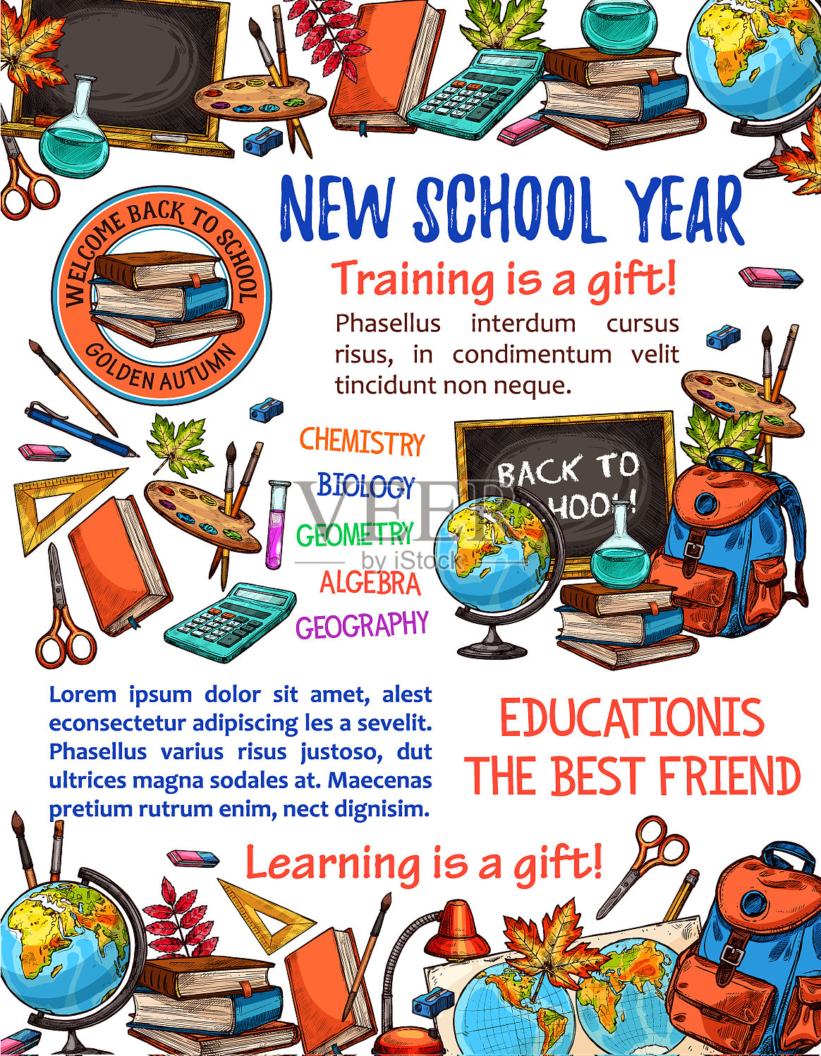 回到学校素描文具海报插画图片素材