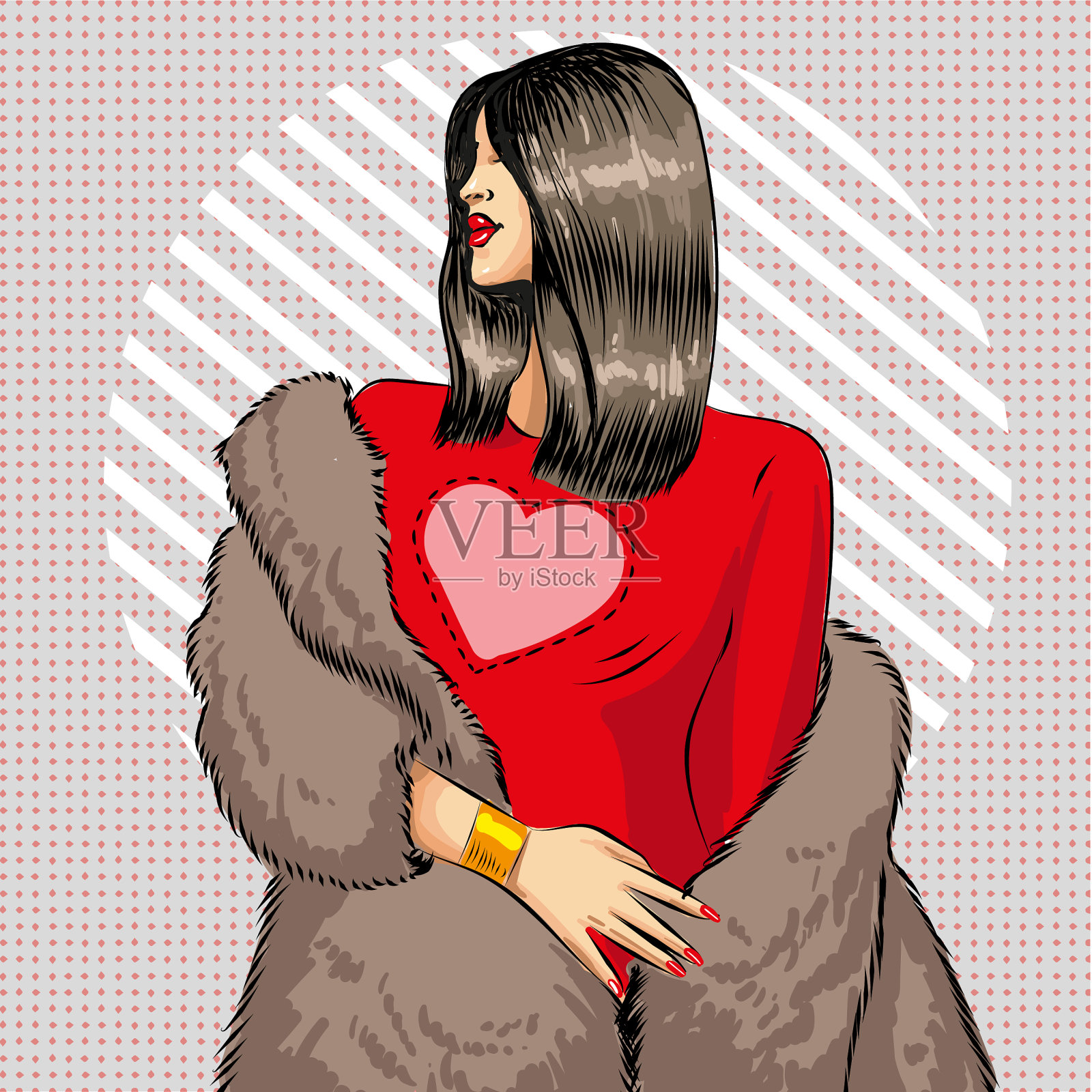 流行艺术美丽的黑发女人在皮草插画图片素材