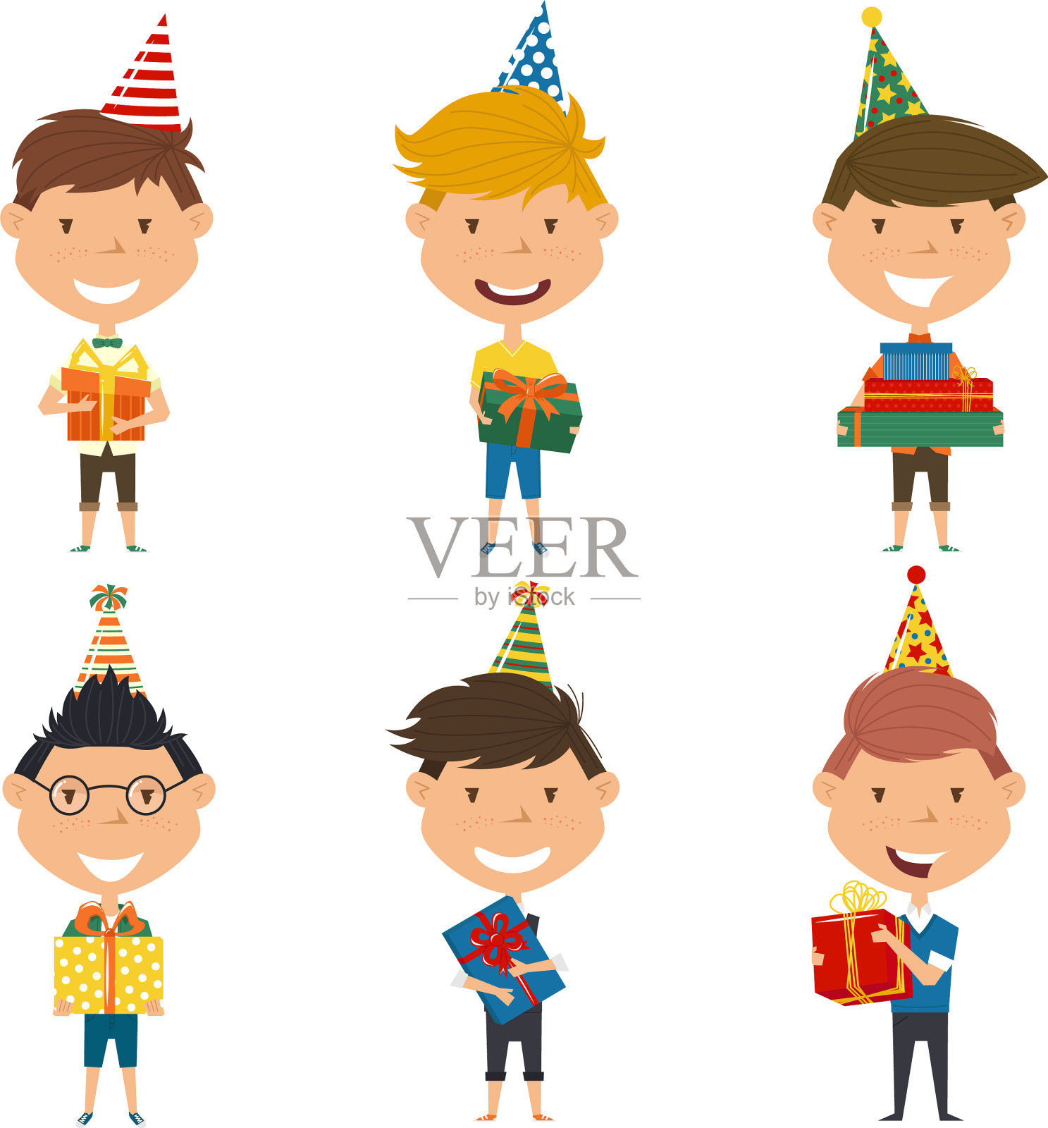 快乐可爱的男孩携带着彩色包装的礼物插画图片素材