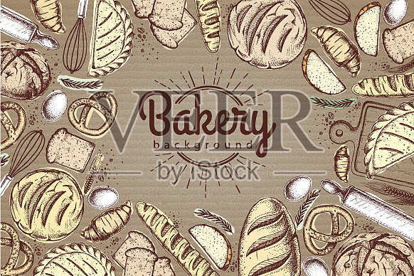 面包店背景俯视图上的烘焙产品插画图片素材