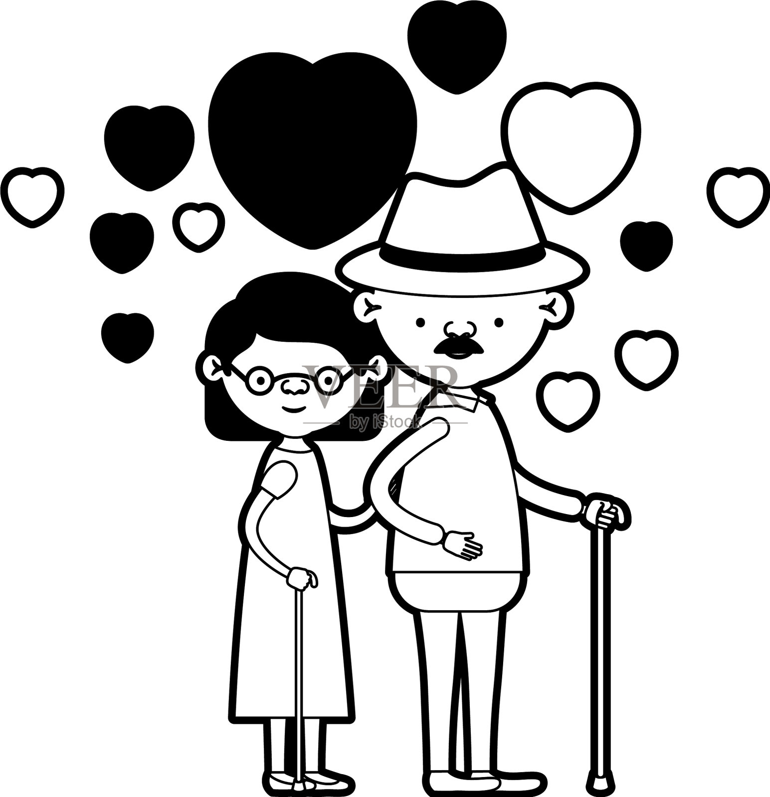 漫画中满身的老两口拥抱着插画图片素材