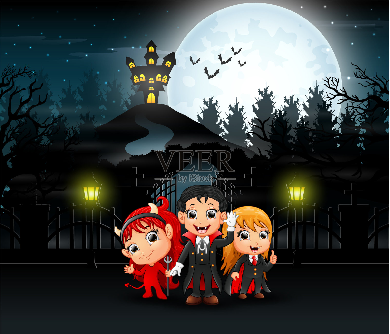 卡通的孩子穿着万圣节服装与一个b插画图片素材