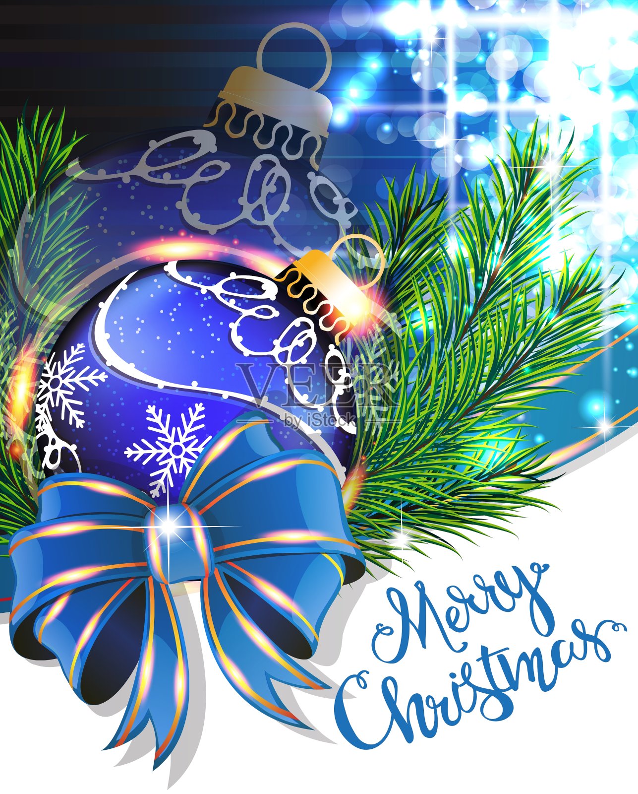 蓝色的蝴蝶结和圣诞装饰品插画图片素材