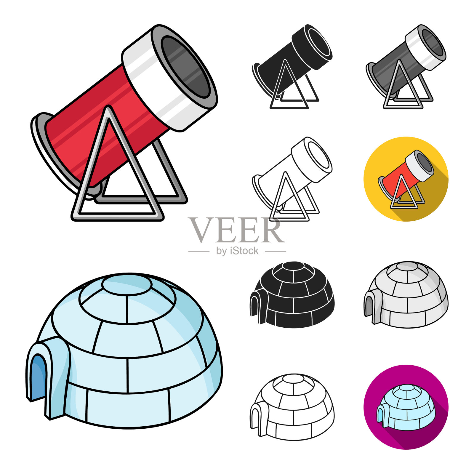 滑雪胜地和设备卡通黑平插画图片素材