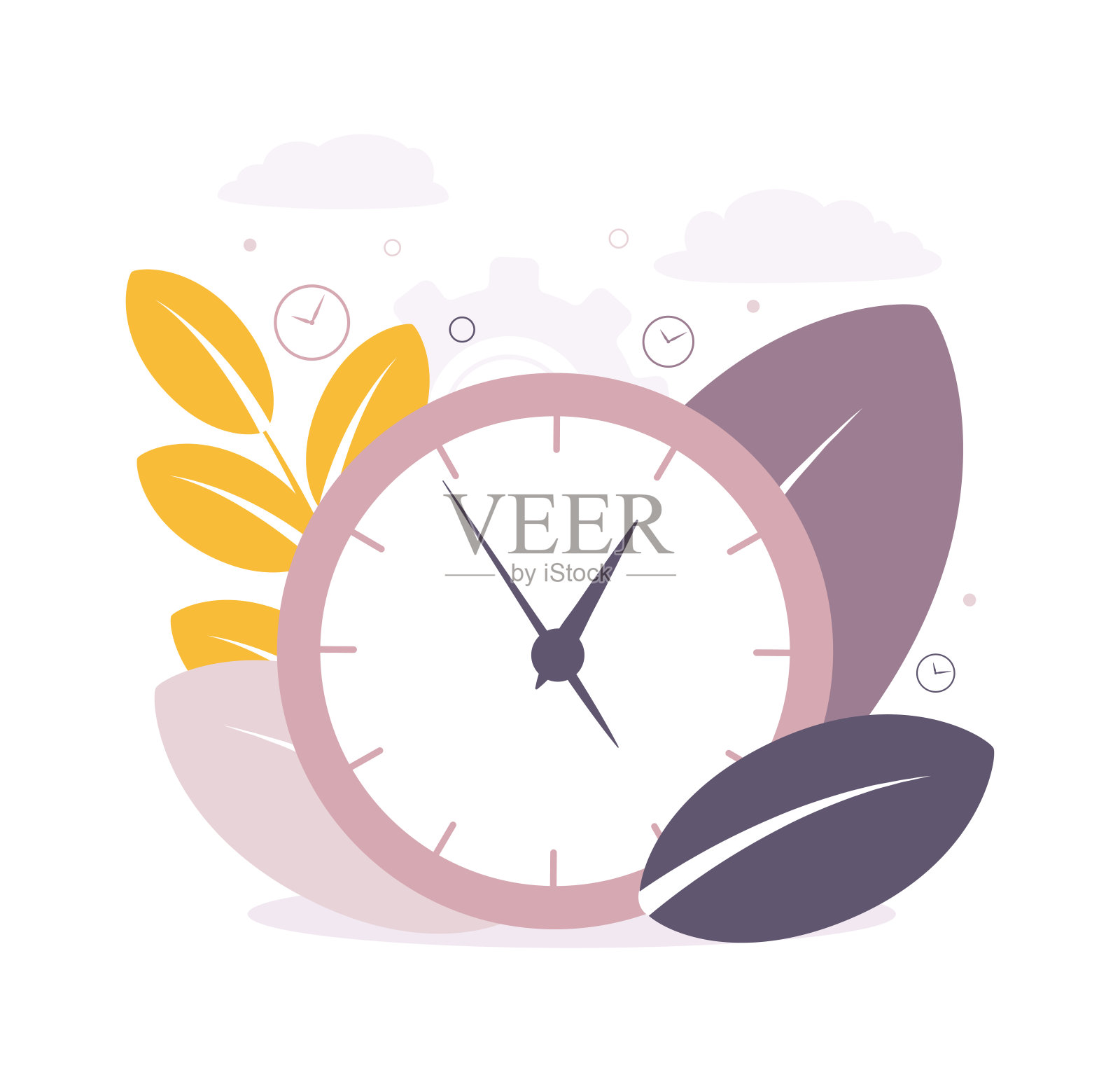 时间管理的说明。一个时钟的形象，树枝和树叶。插画图片素材