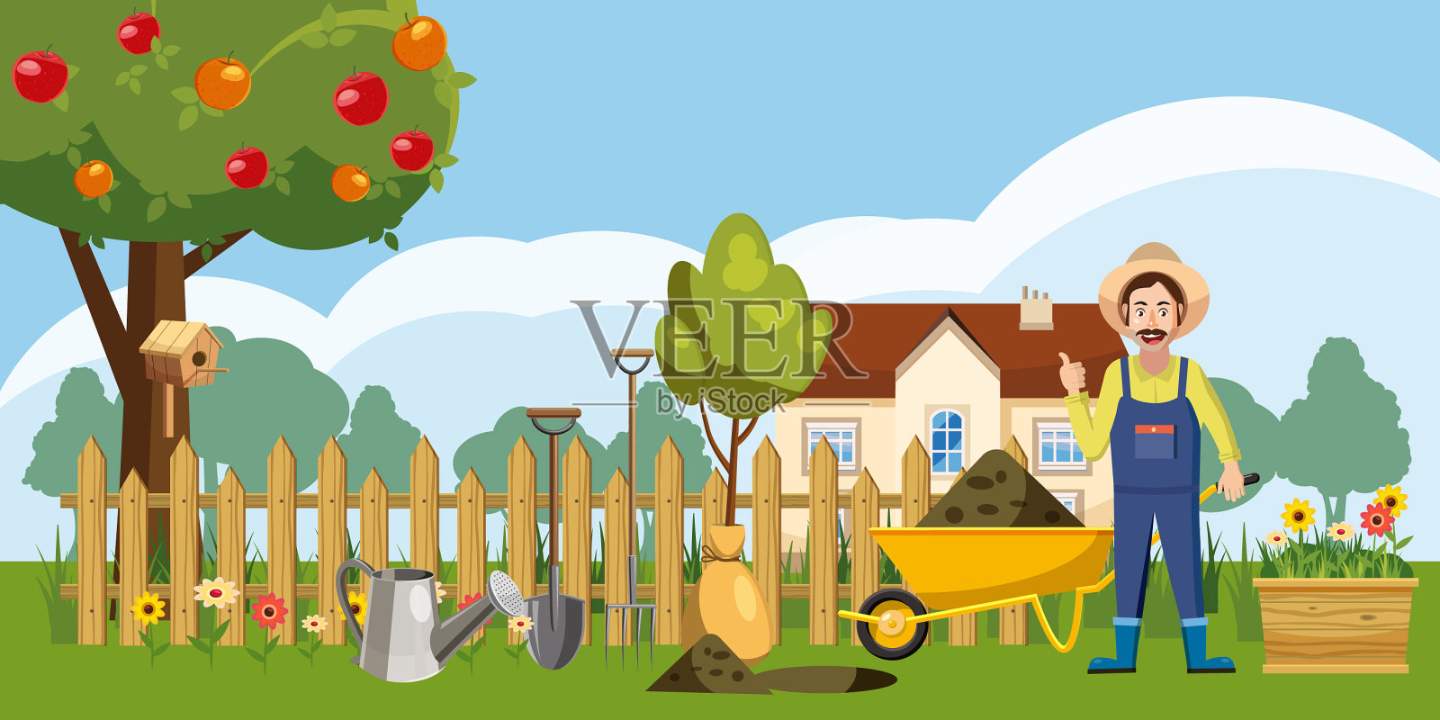 园丁宅基地图标设置卡通风格图标素材