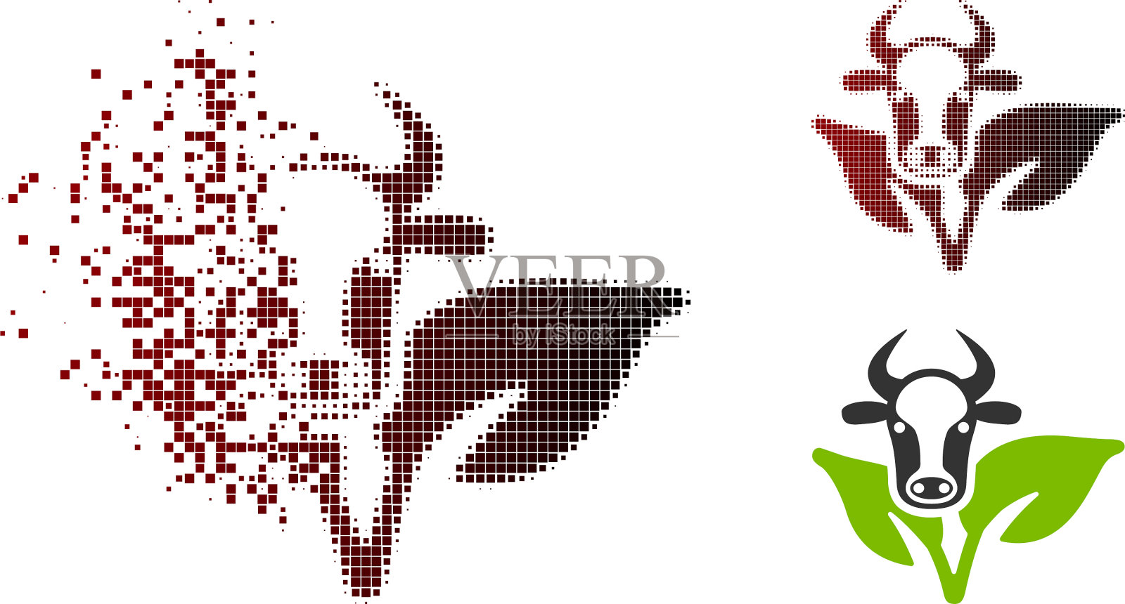 移动像素半色调公牛和植物图标插画图片素材