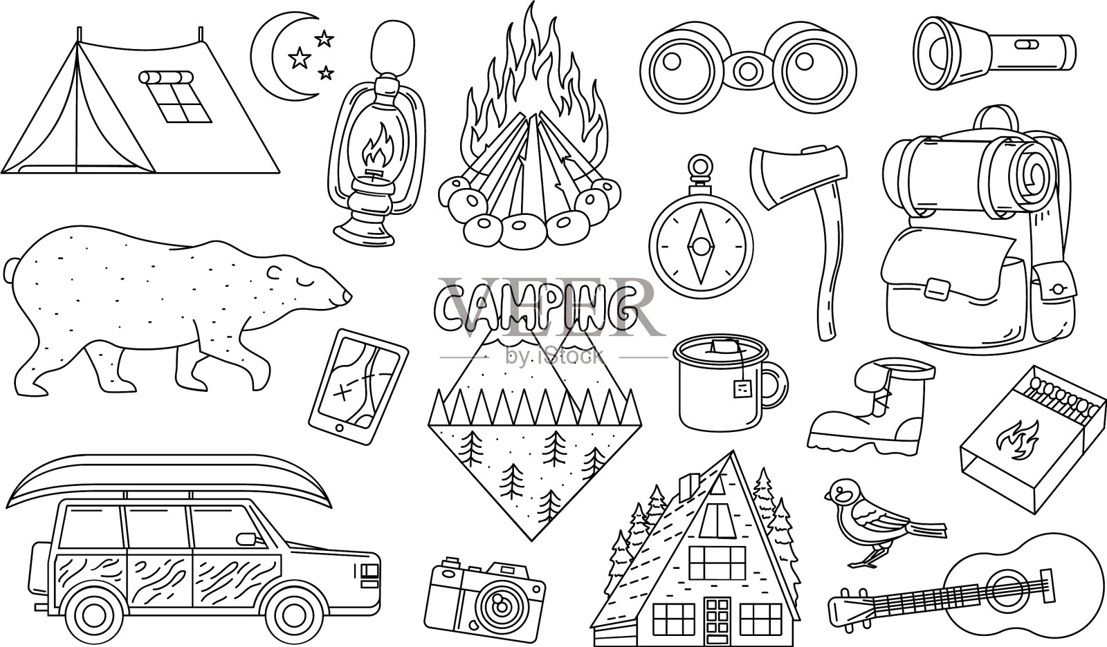 一套可爱的露营元素贴纸涂鸦设计元素图片