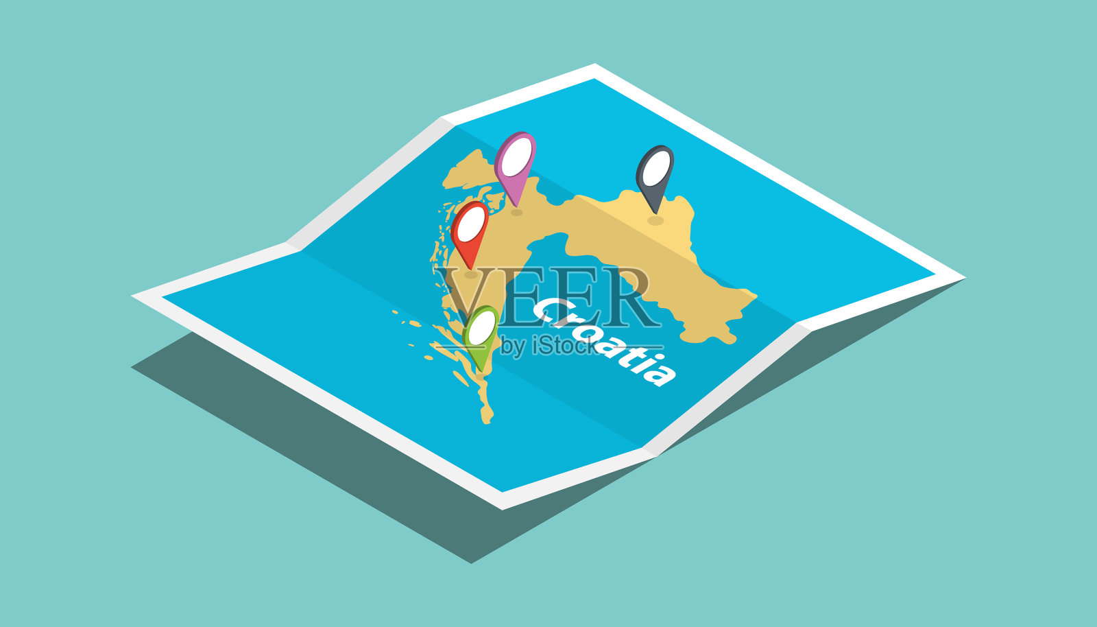 克罗地亚探索地图与等距风格和针插画图片素材