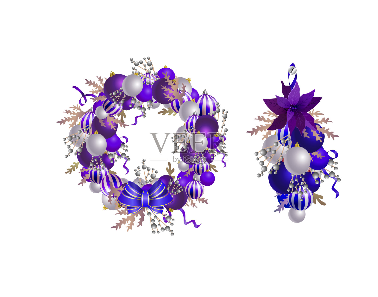 带彩带、球和蝴蝶结的圣诞花环设计元素图片