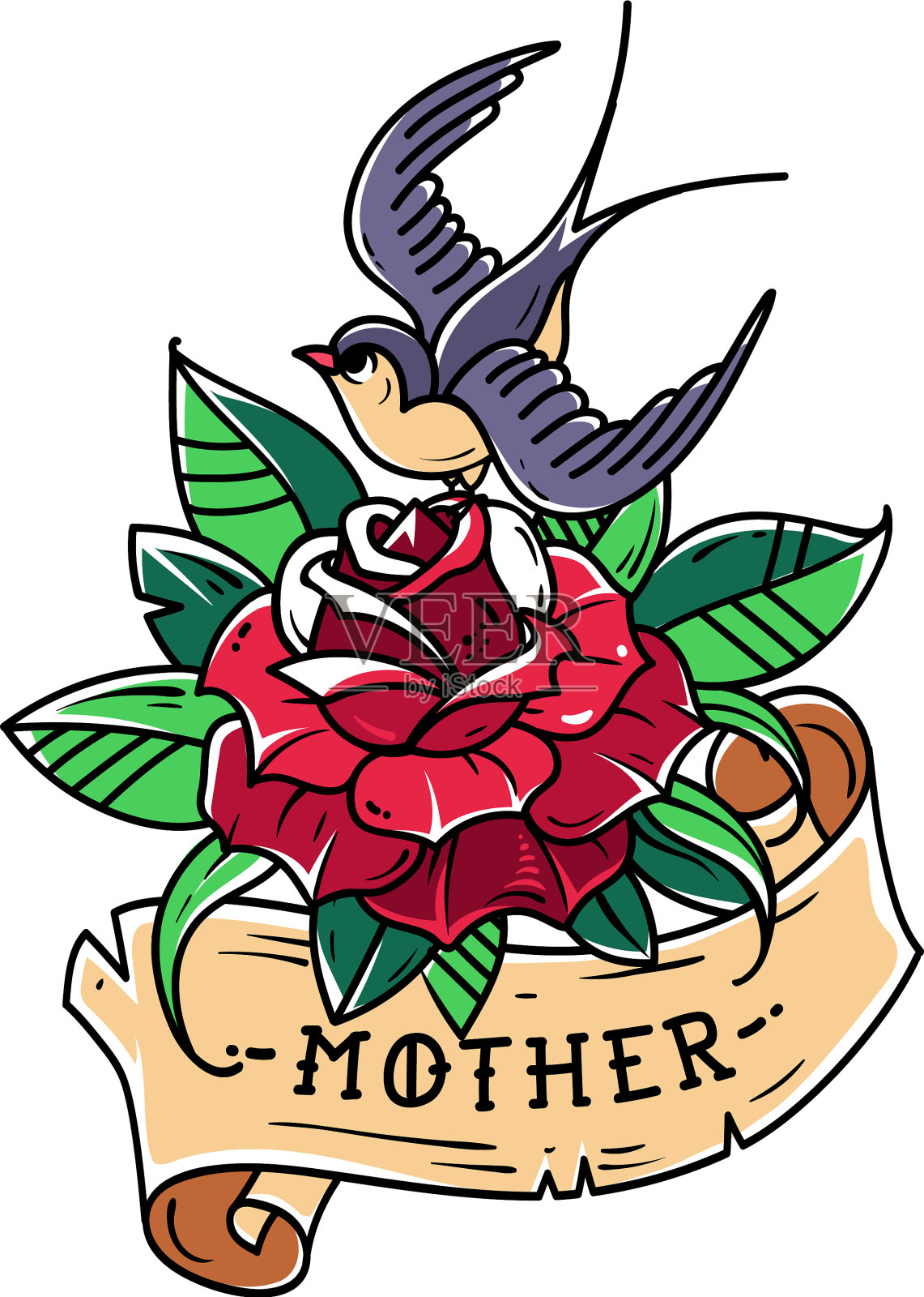 纹身红玫瑰与丝带鸟和字母亲插画图片素材