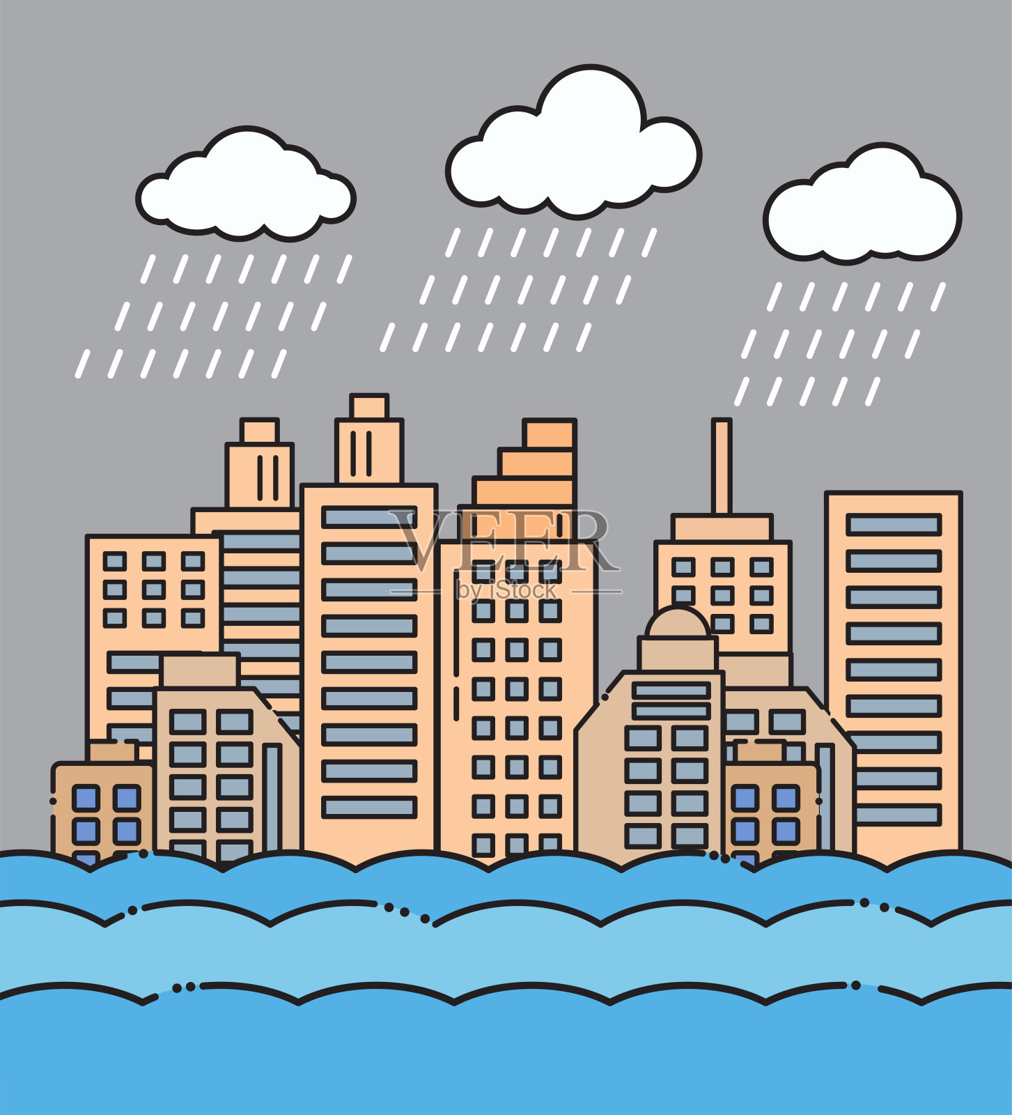 洪水自然灾害与房屋，大雨和暴风雨，破坏与房屋，云雨，淹没城市水，淹没房屋。插画图片素材