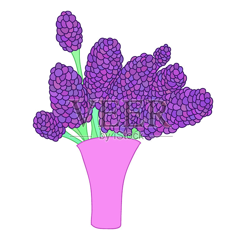 卡通丁香花束在简单的粉红色花瓶插画图片素材