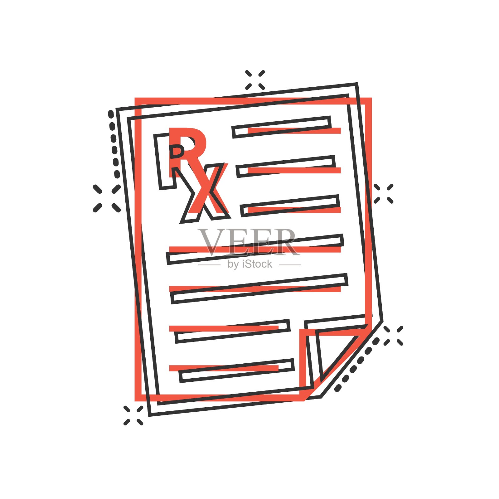 漫画风格的处方图标。Rx文档卡通矢量插图在白色孤立的背景。纸张飞溅效应的经营理念。插画图片素材