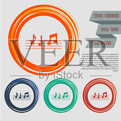 音乐笔记图标上有红、蓝、绿、橙插画图片素材