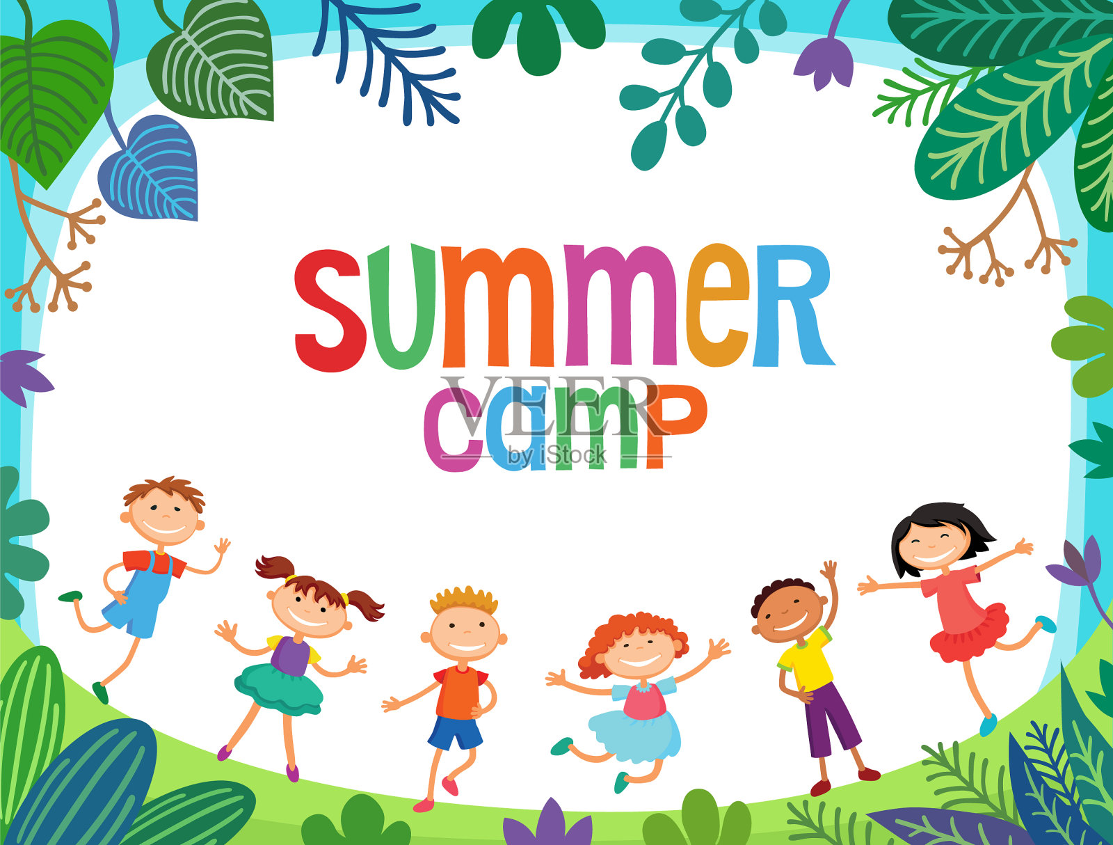 孩子们在空地上蹦蹦跳跳的卡通片插画图片素材