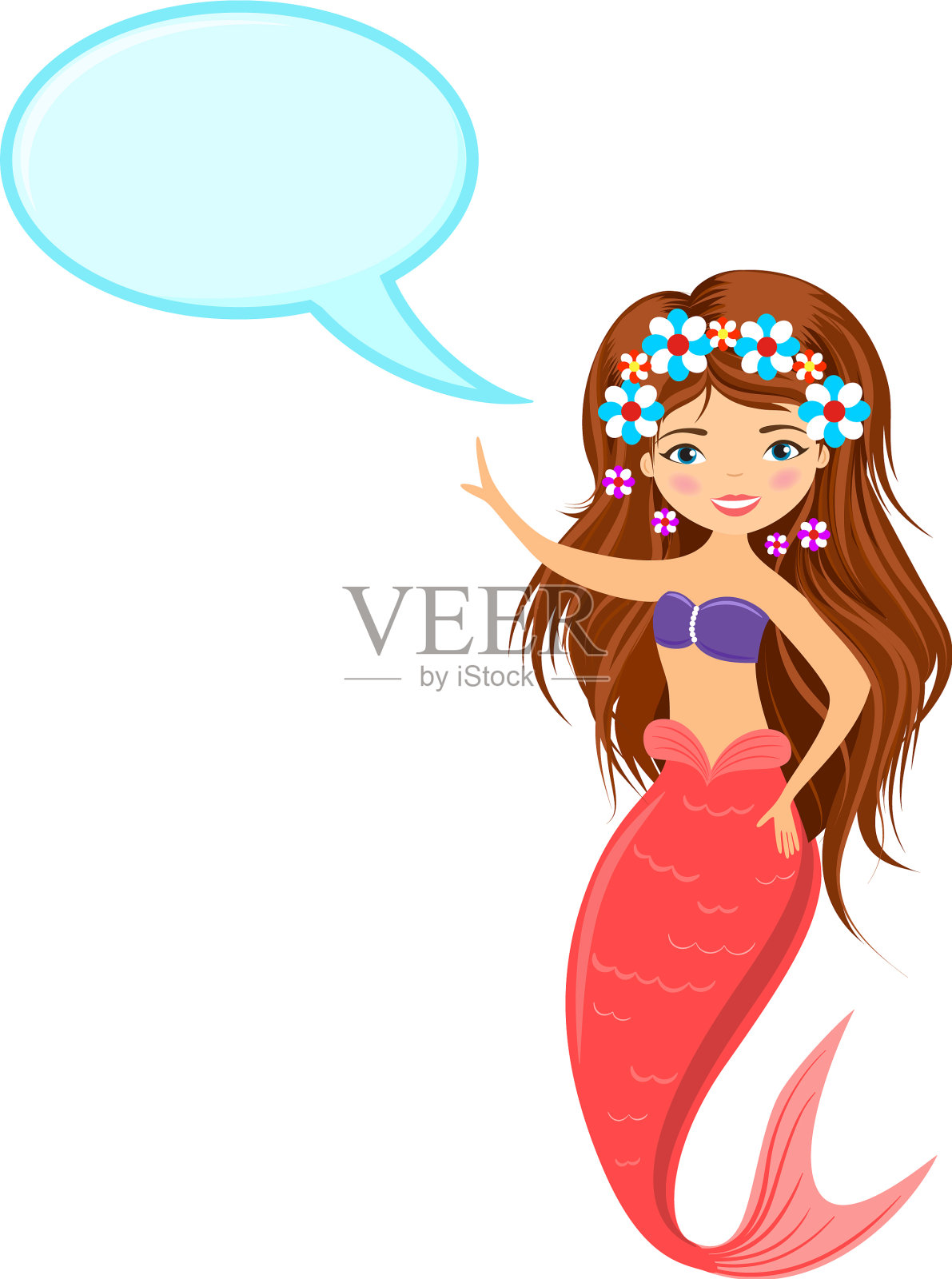 美丽的美人鱼和讲话泡泡插画图片素材