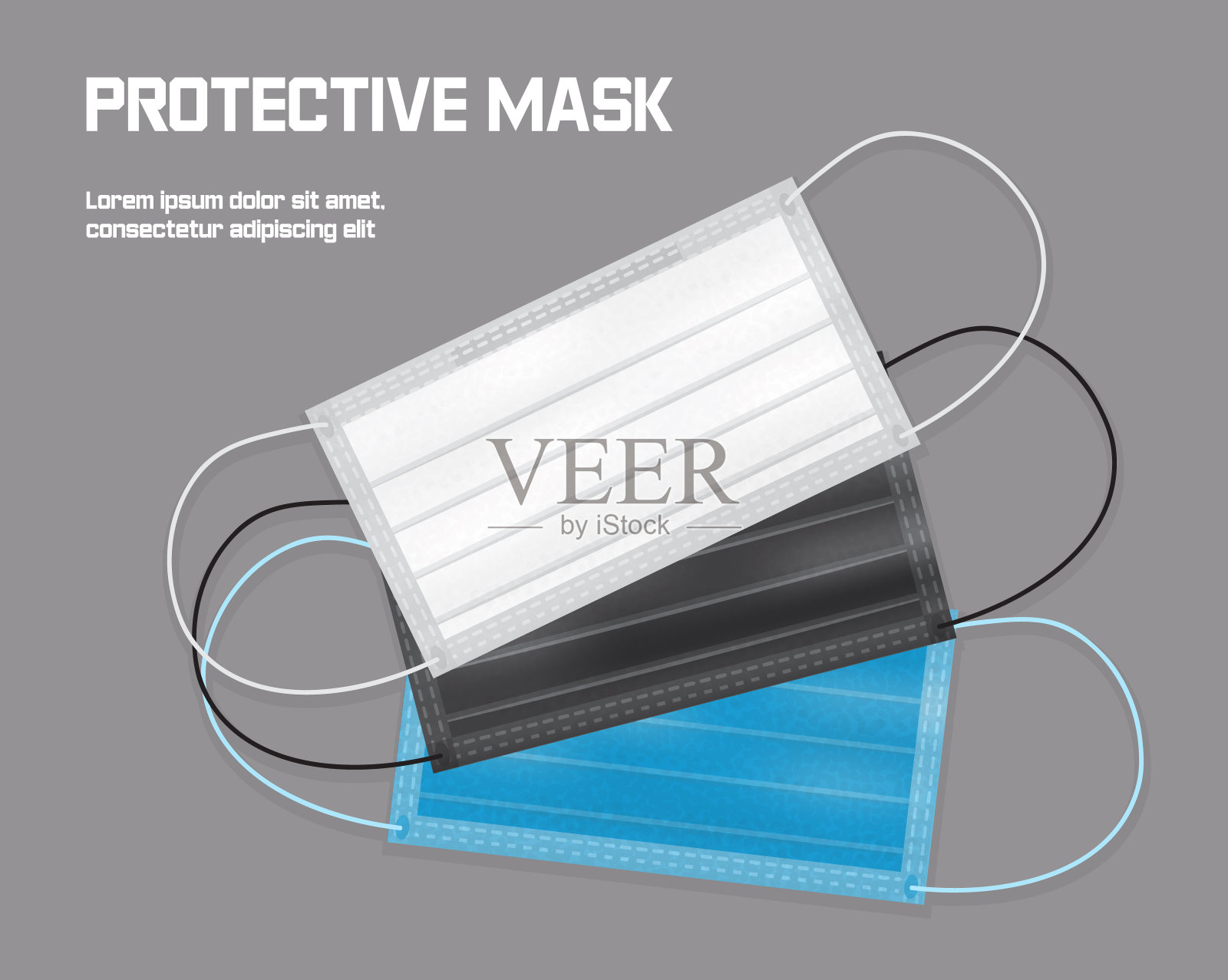 外科口罩插图孤立在灰色背景。医生和人们的防护口罩。预防黑色，白色，蓝色医疗元素设计模板素材